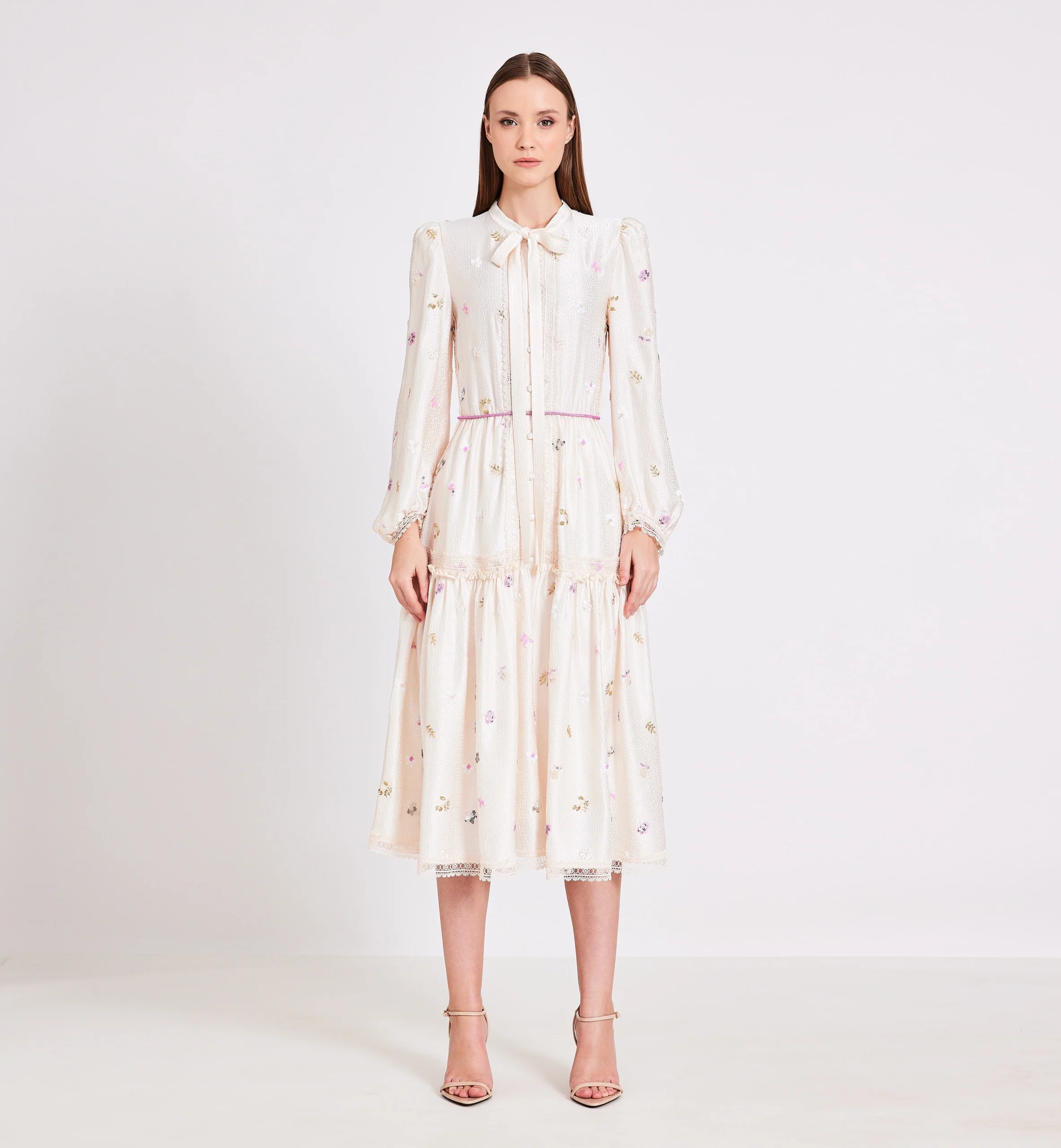 Sequins embroidered textured silk and laces dress, biege