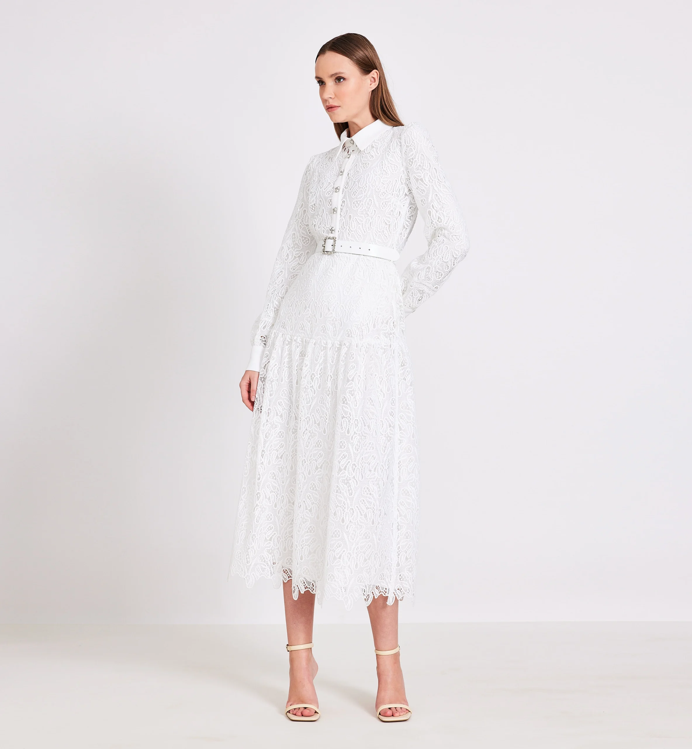 Buttoned lace midi dress, white