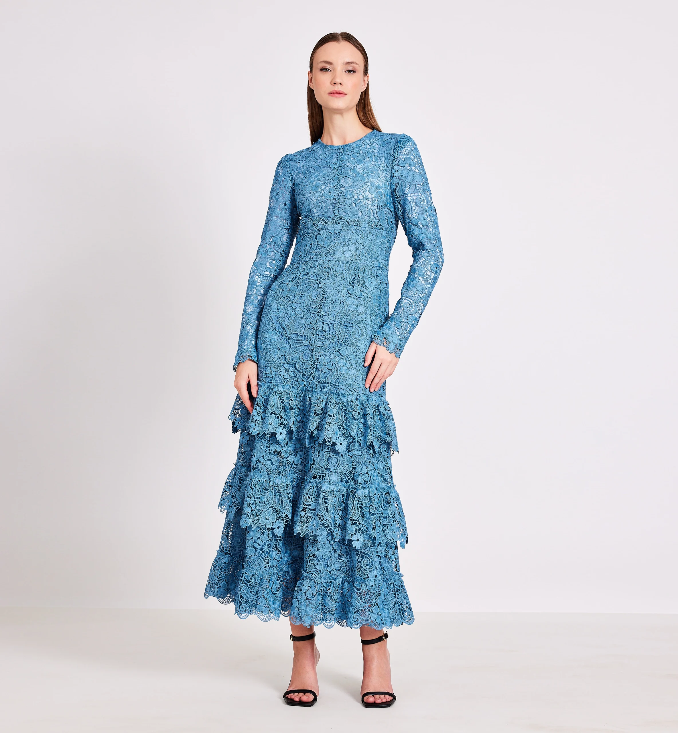 Lace flounces midi dress, blue
