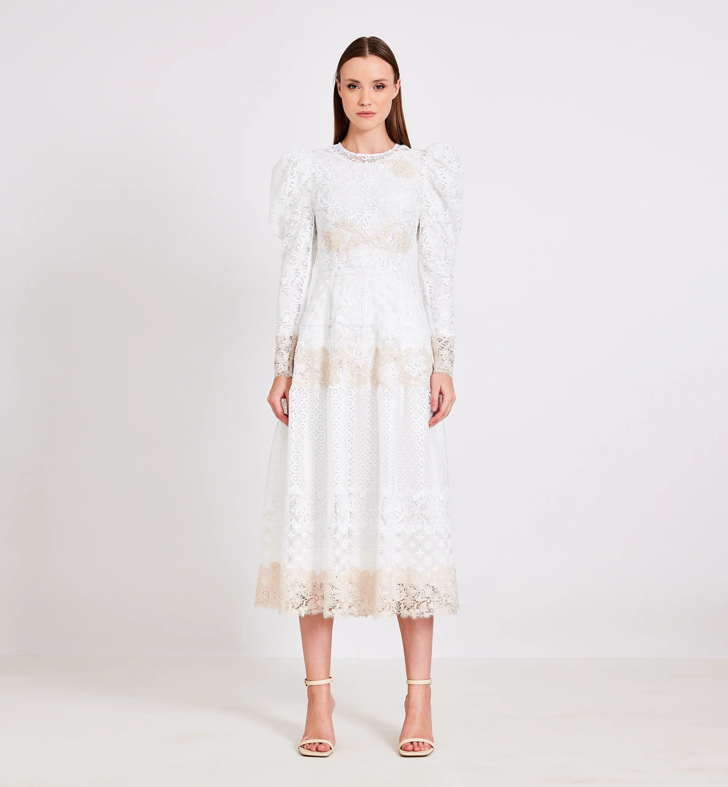 Lace combination midi dress, biege & white