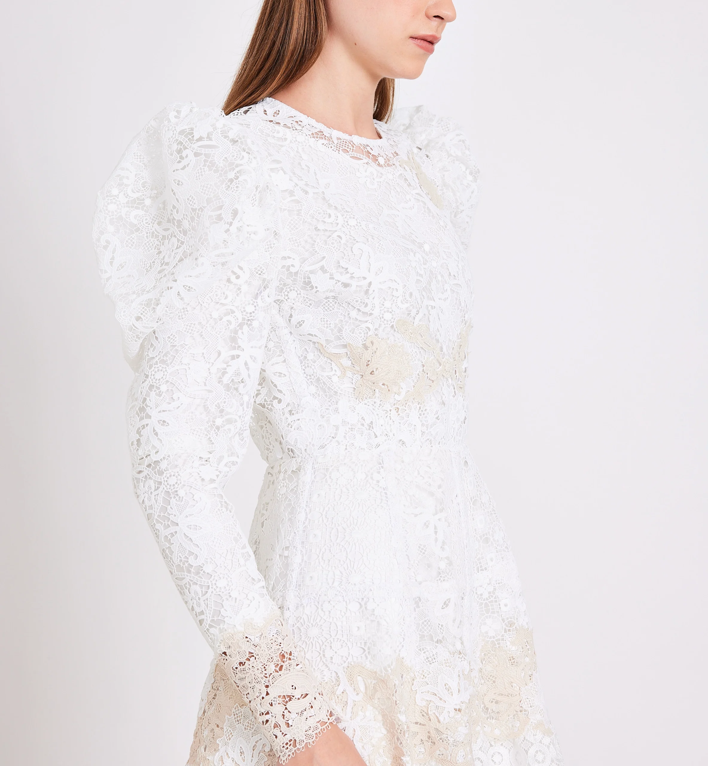 Lace combination midi dress, biege & white