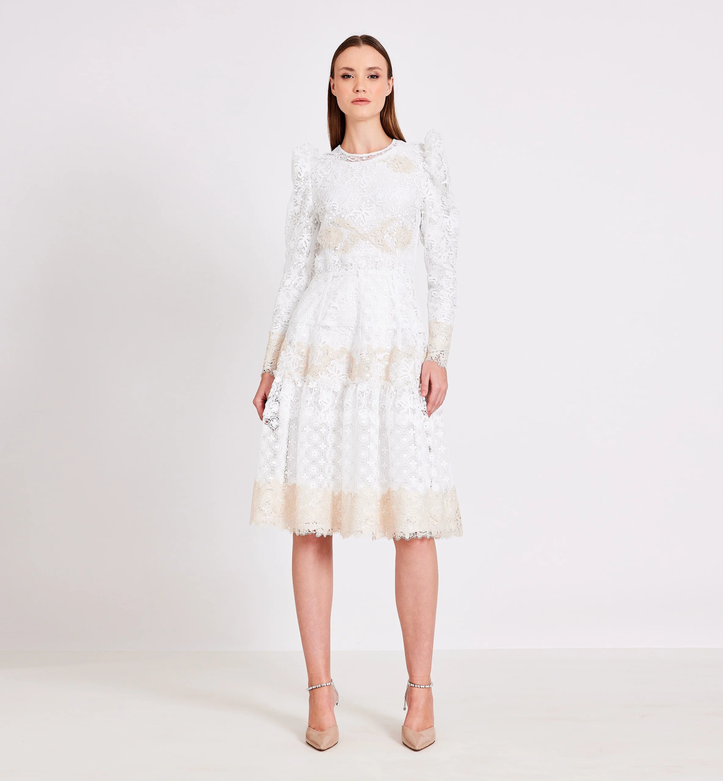 Lace combination dress, biege & white