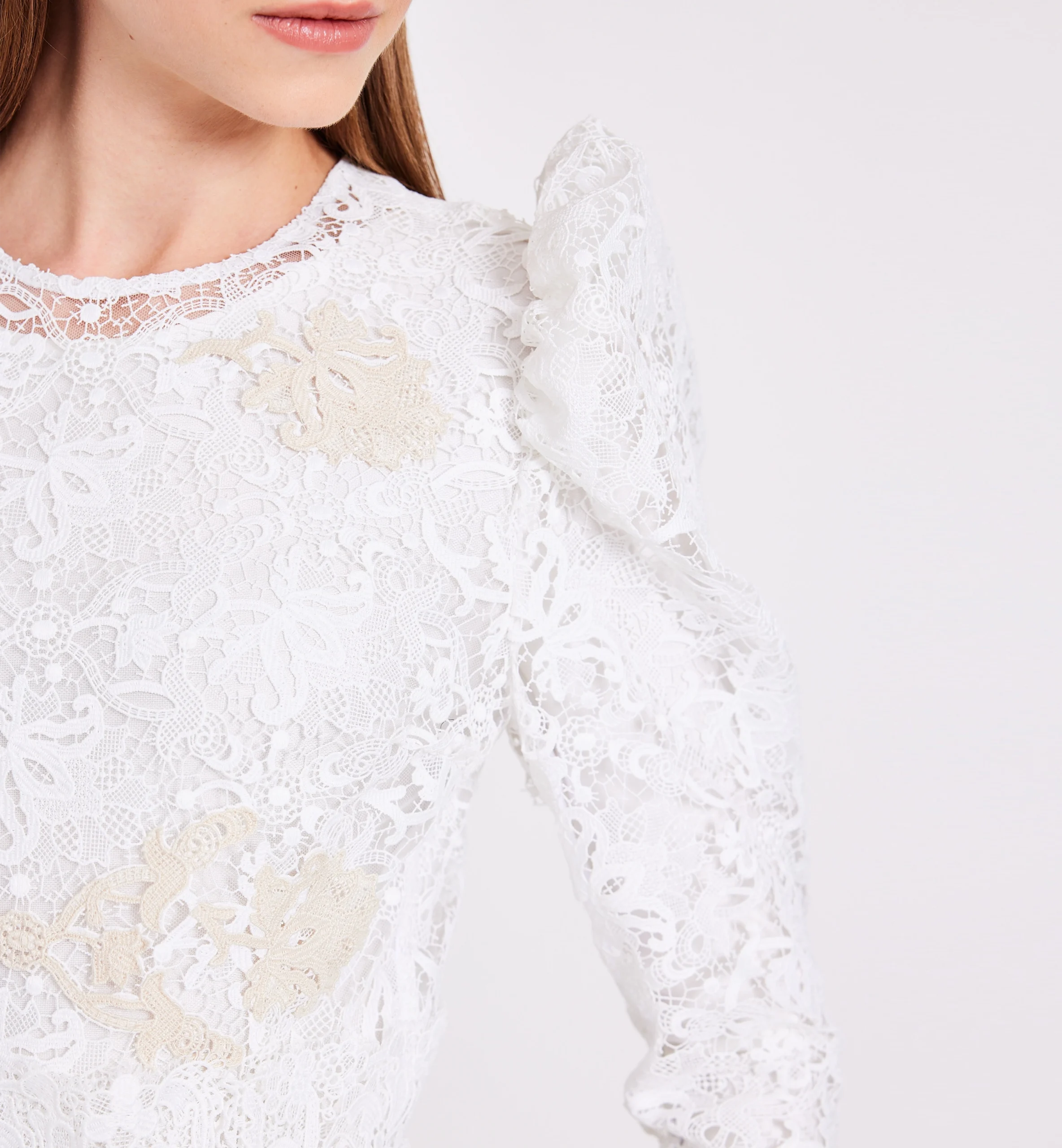 Lace combination dress, biege & white