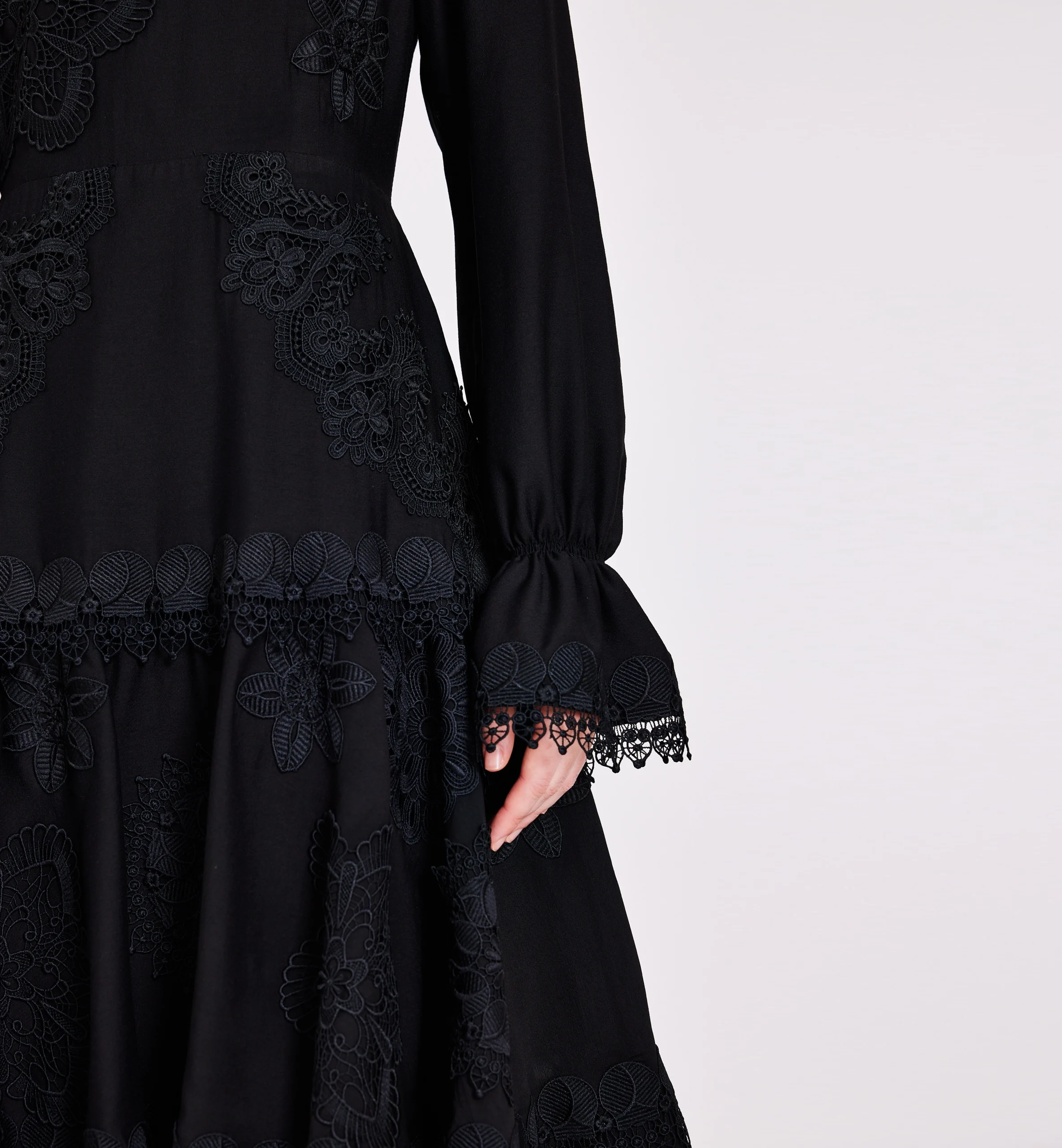 Silk with flowers appliques and lace ribbons dress, black