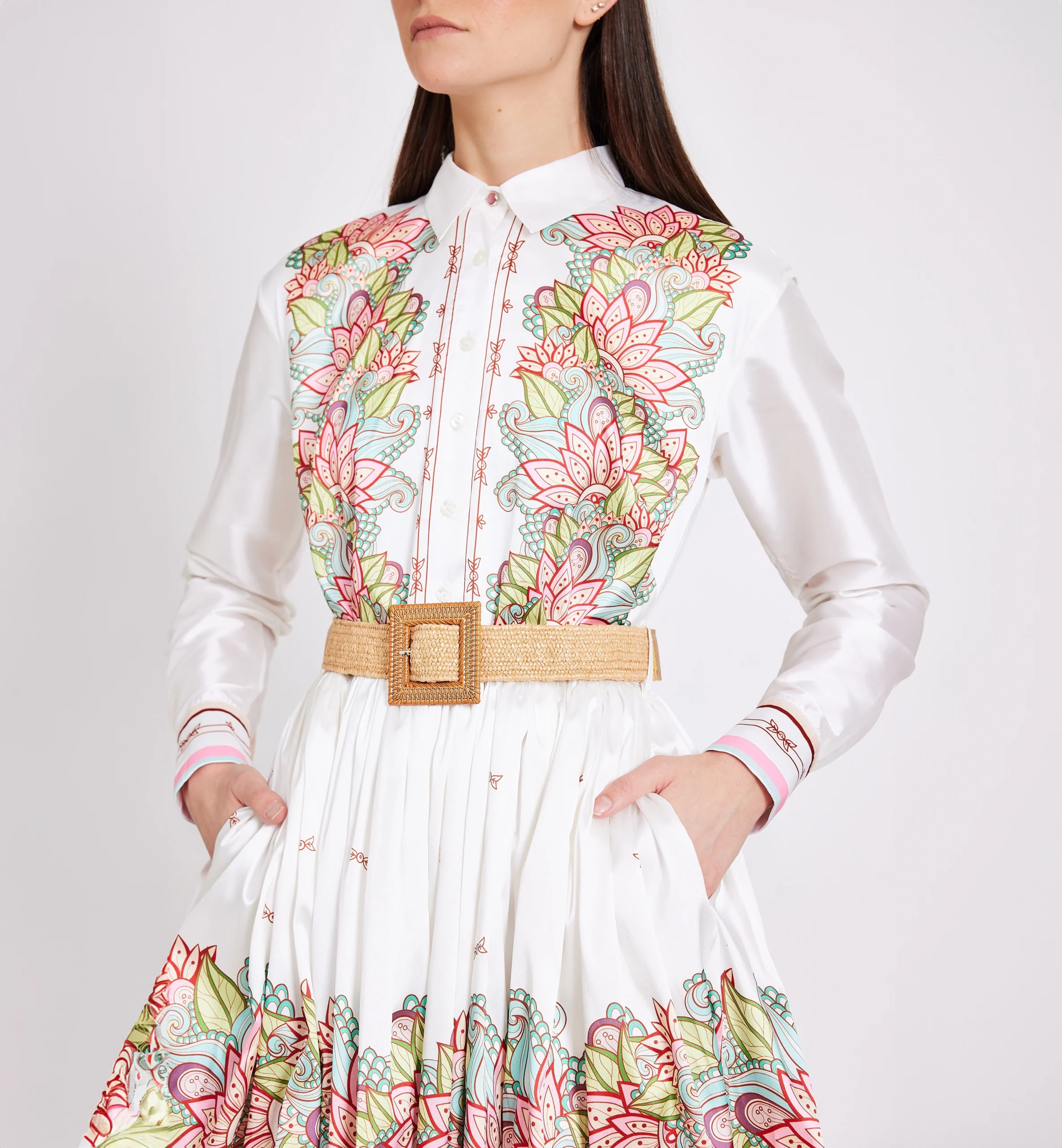 Colourful printed taffeta dress, white