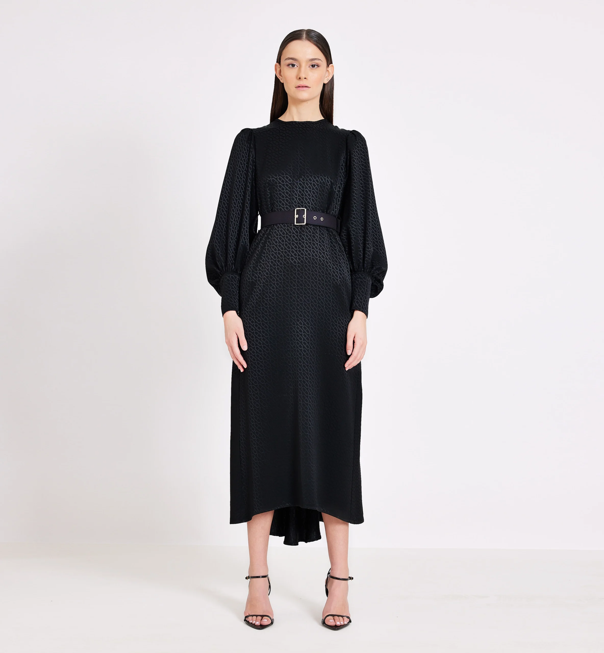Chain pattern silk midi dress, black