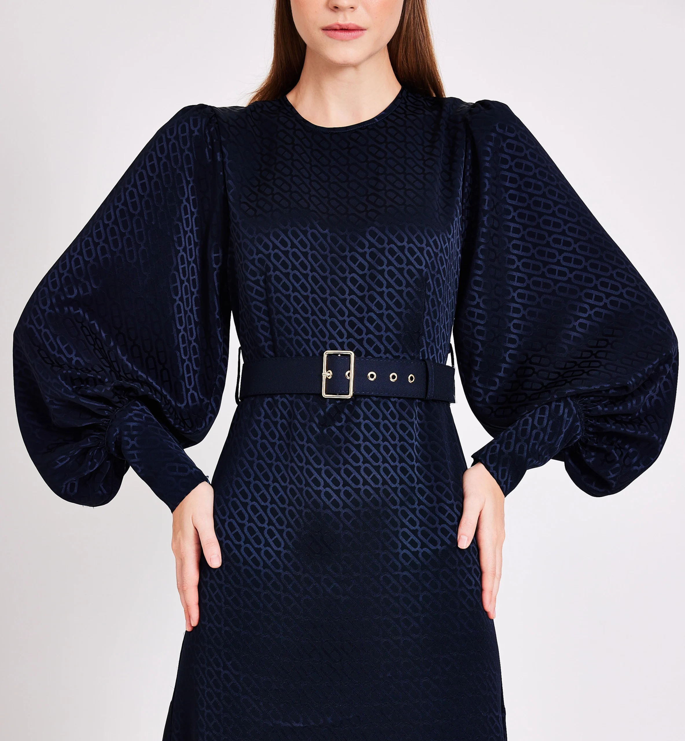 Chain pattern silk midi dress, blue