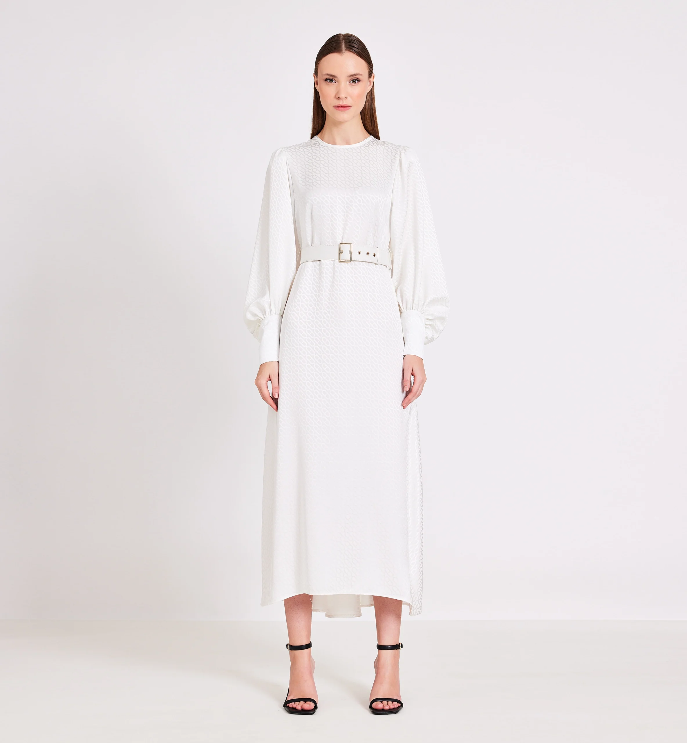 Chain pattern silk midi dress, white