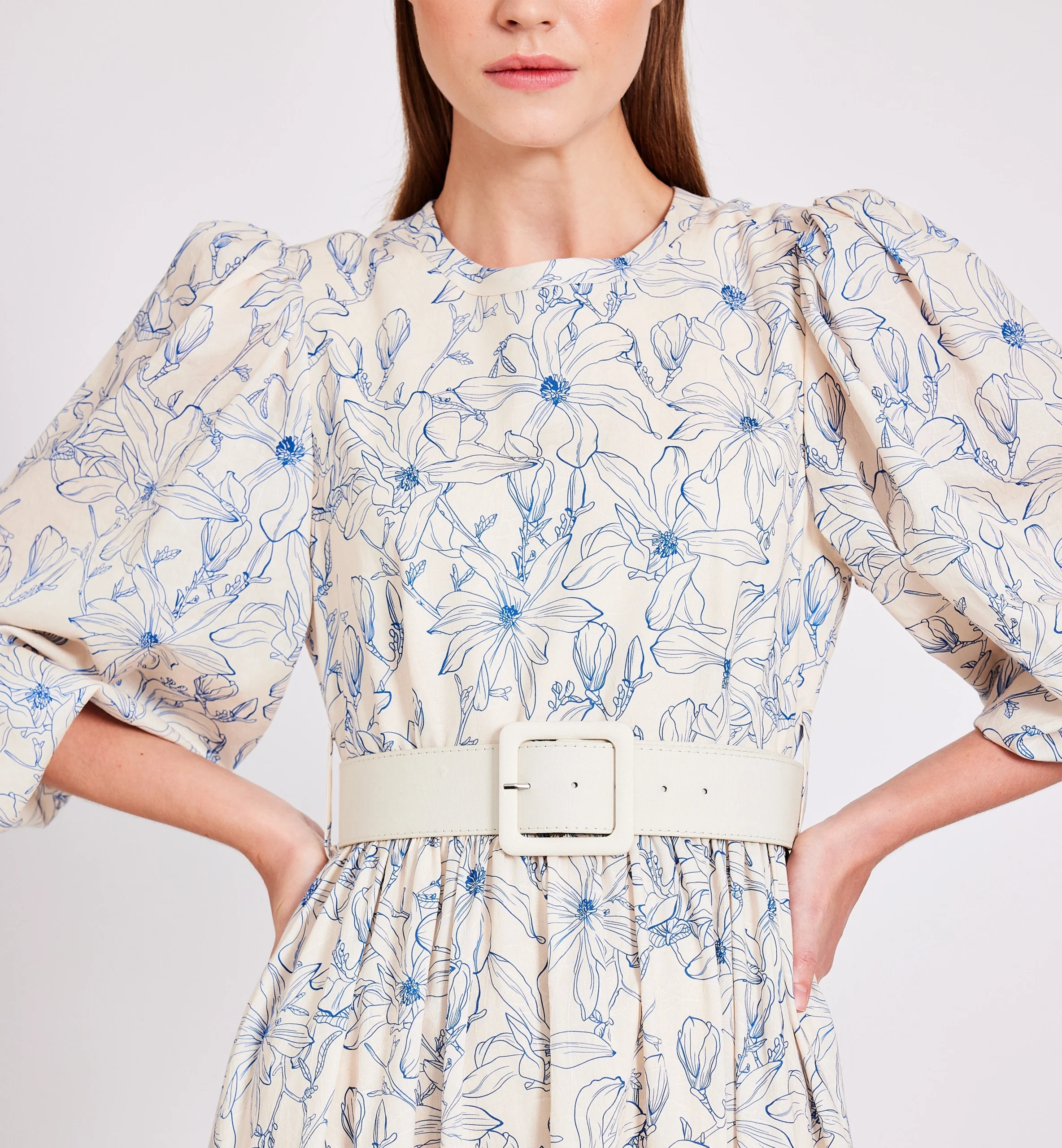 Biege printed cotton midi dress, blue