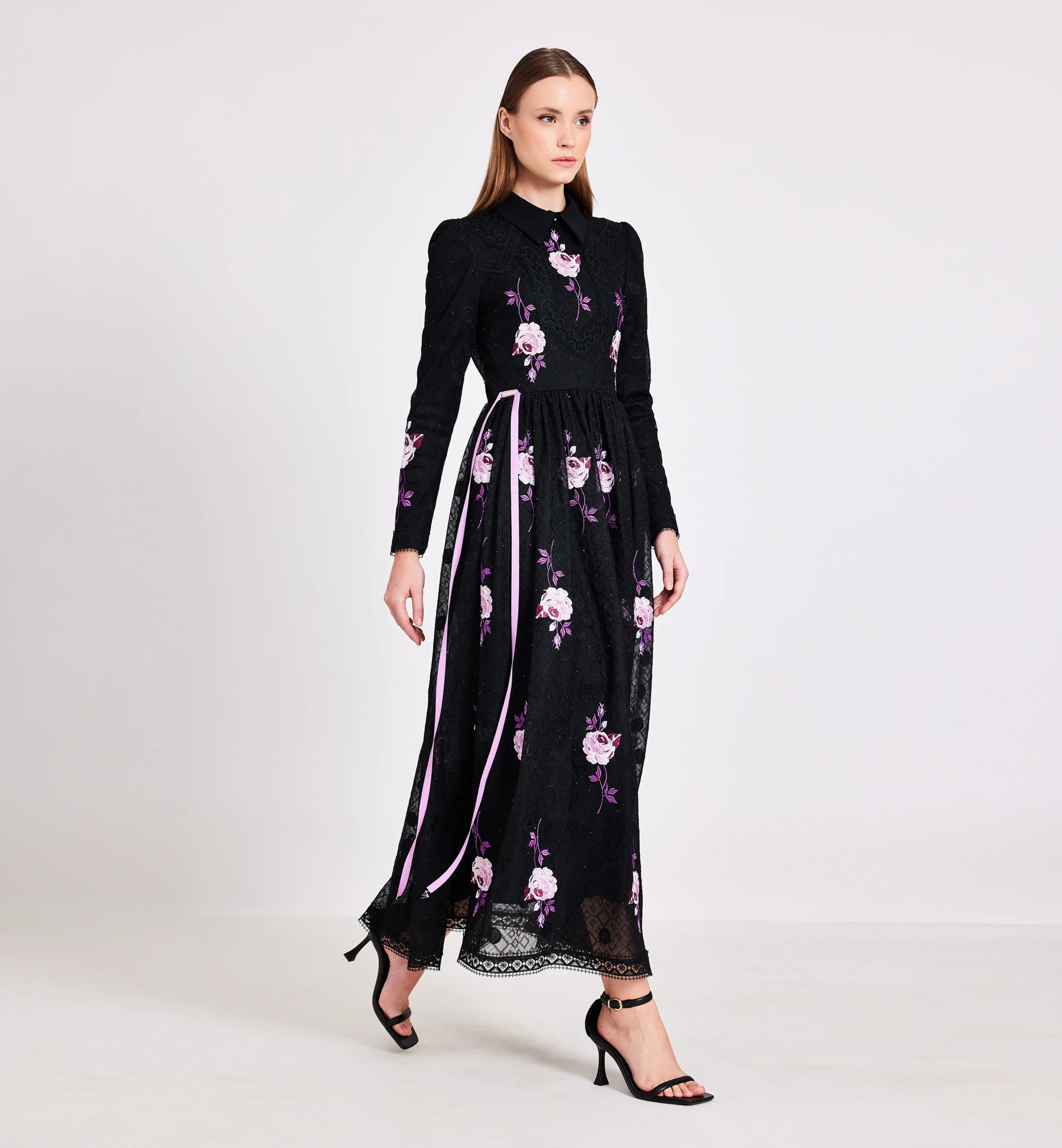 Pink flowers and circles embroidery midi dress, black
