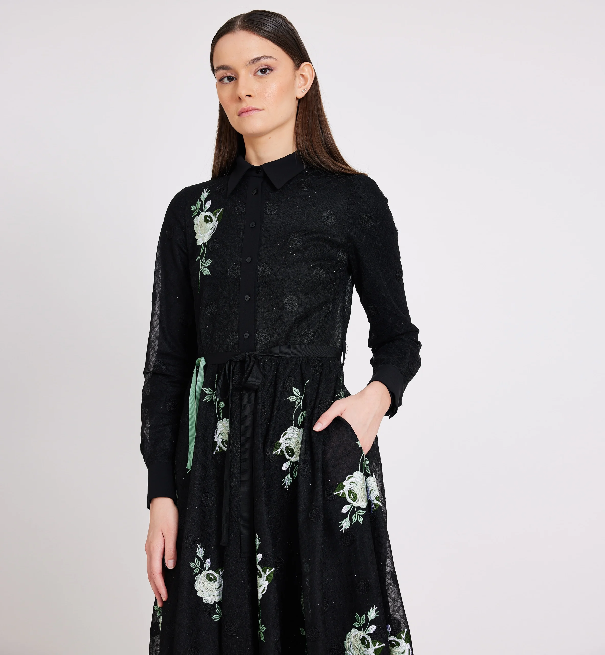green flowers and circles embroidery midi dress, black