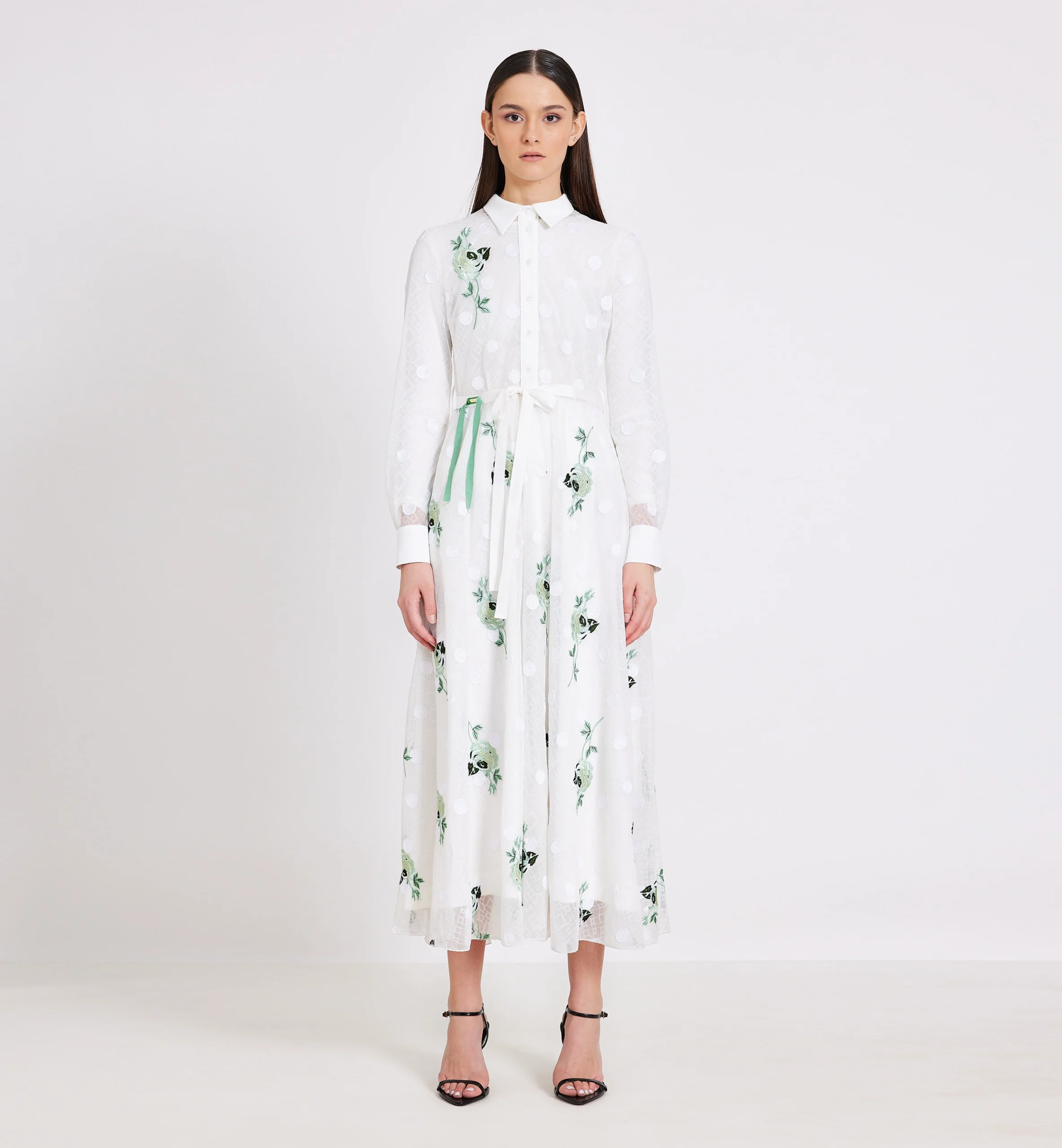 green flowers and circles embroidery midi dress, white