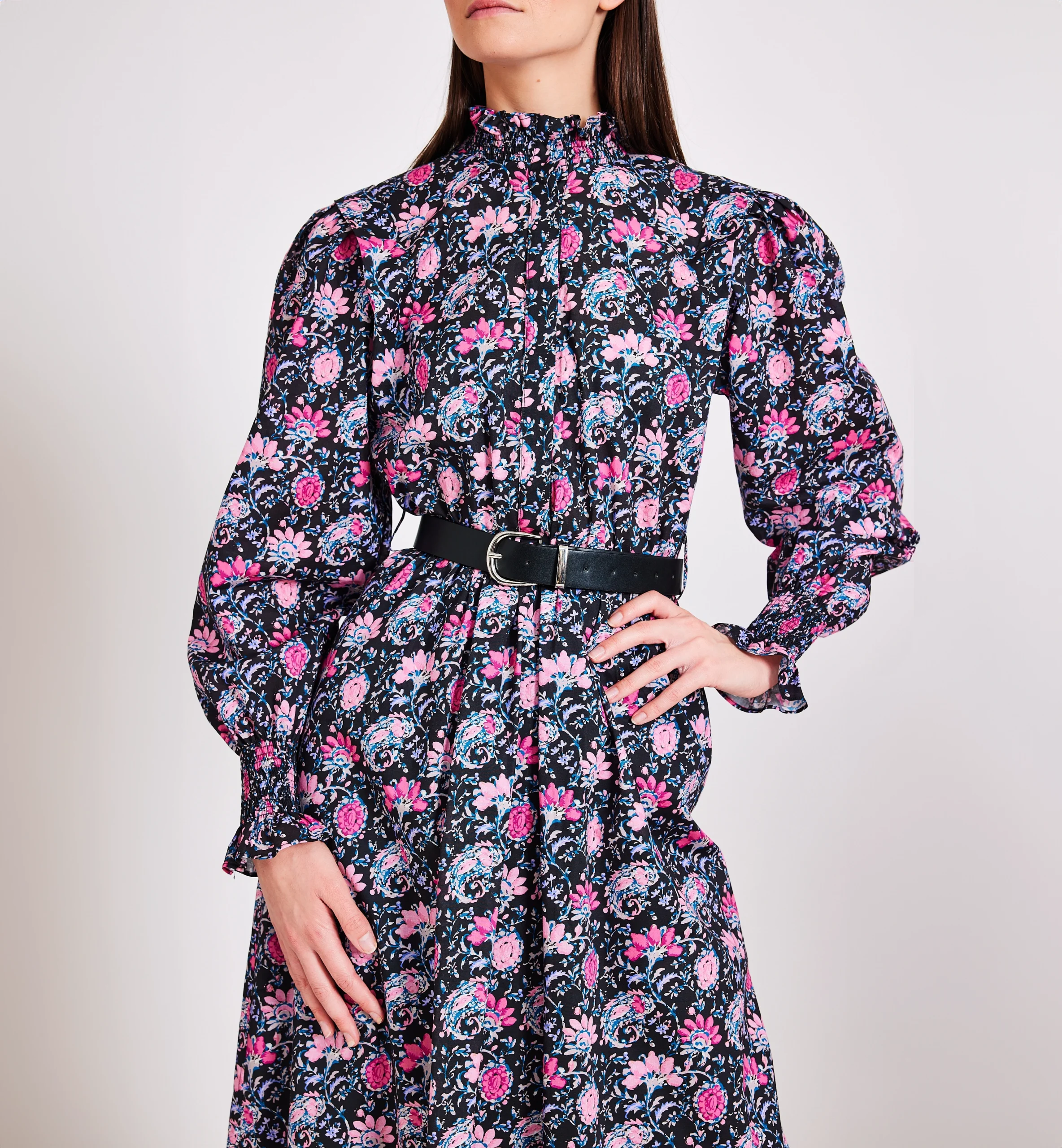 Floral print cotton dress, black&pink