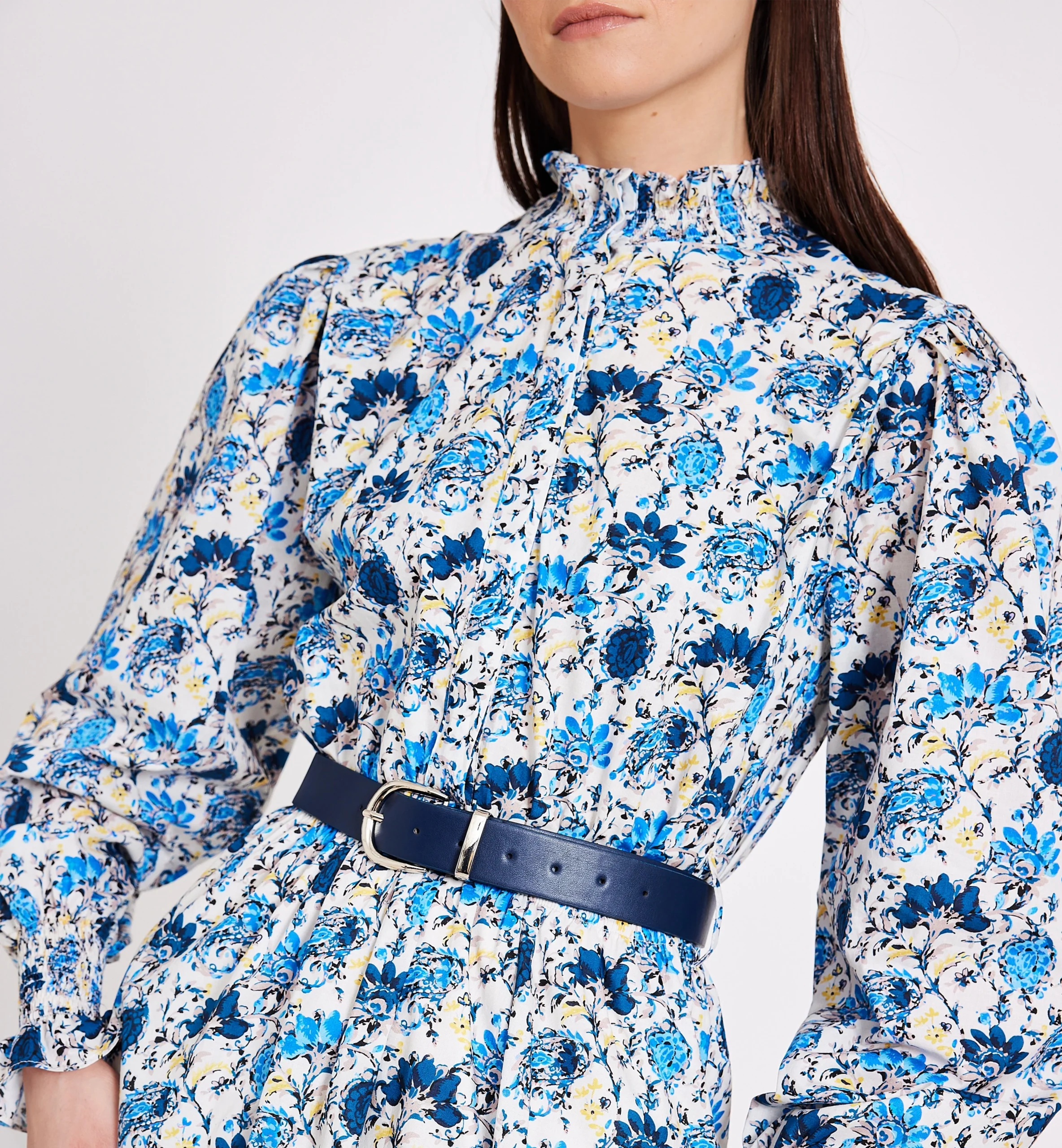 Floral print cotton dress, white&blue