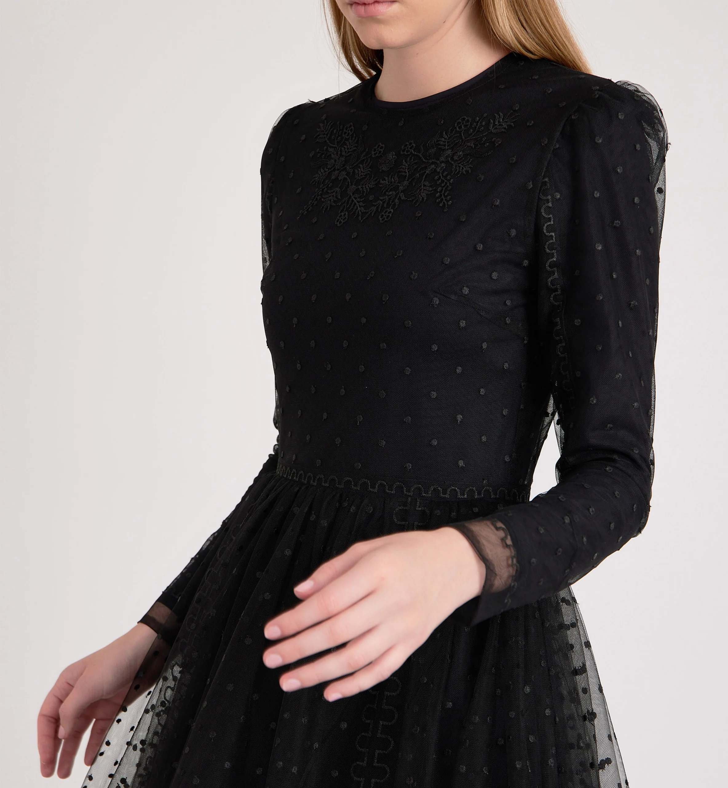Embroidered dots, flowers and lines on mesh midi dress, black