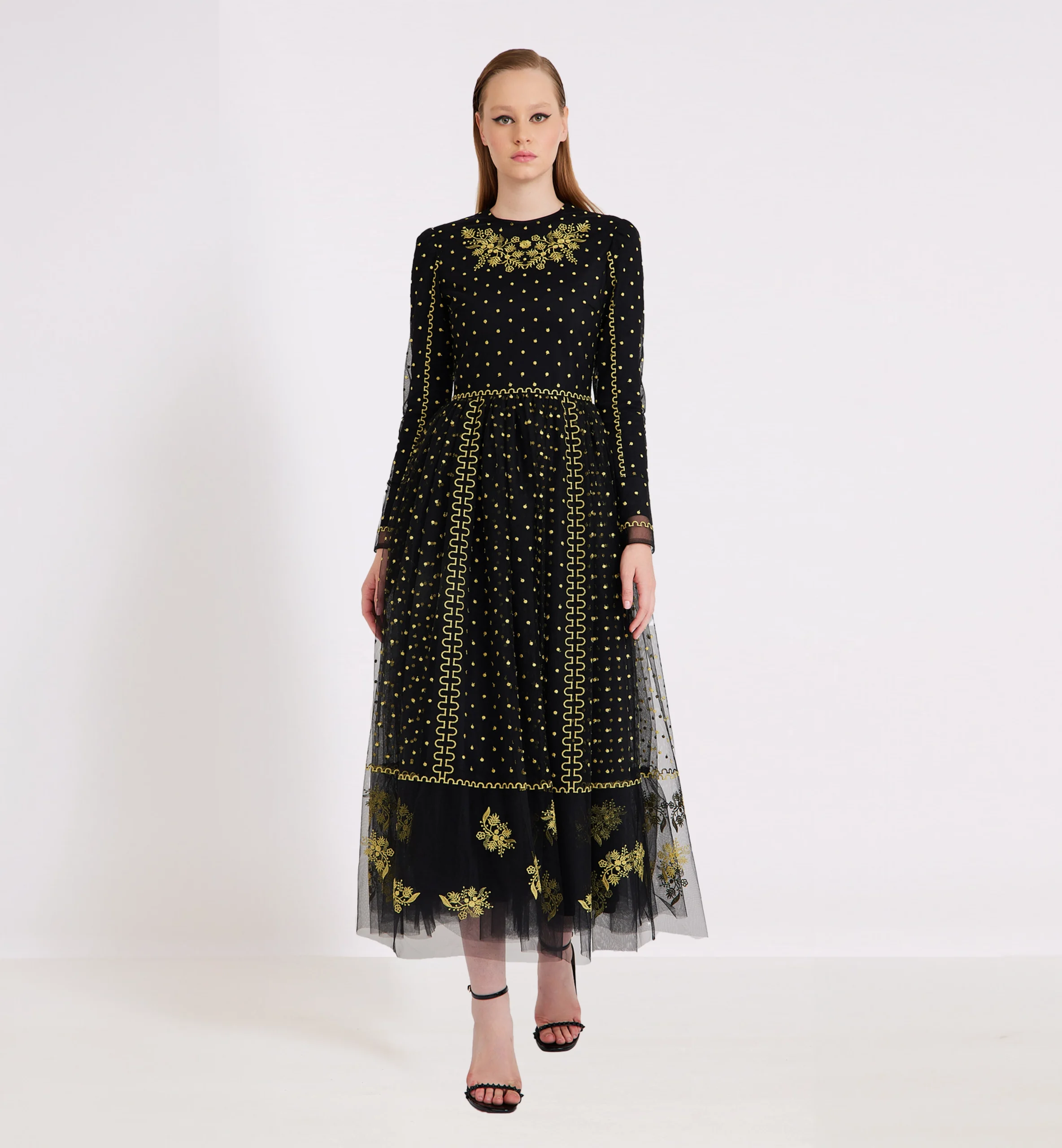 Embroidered dots, flowers and lines on mesh midi dress, yellow