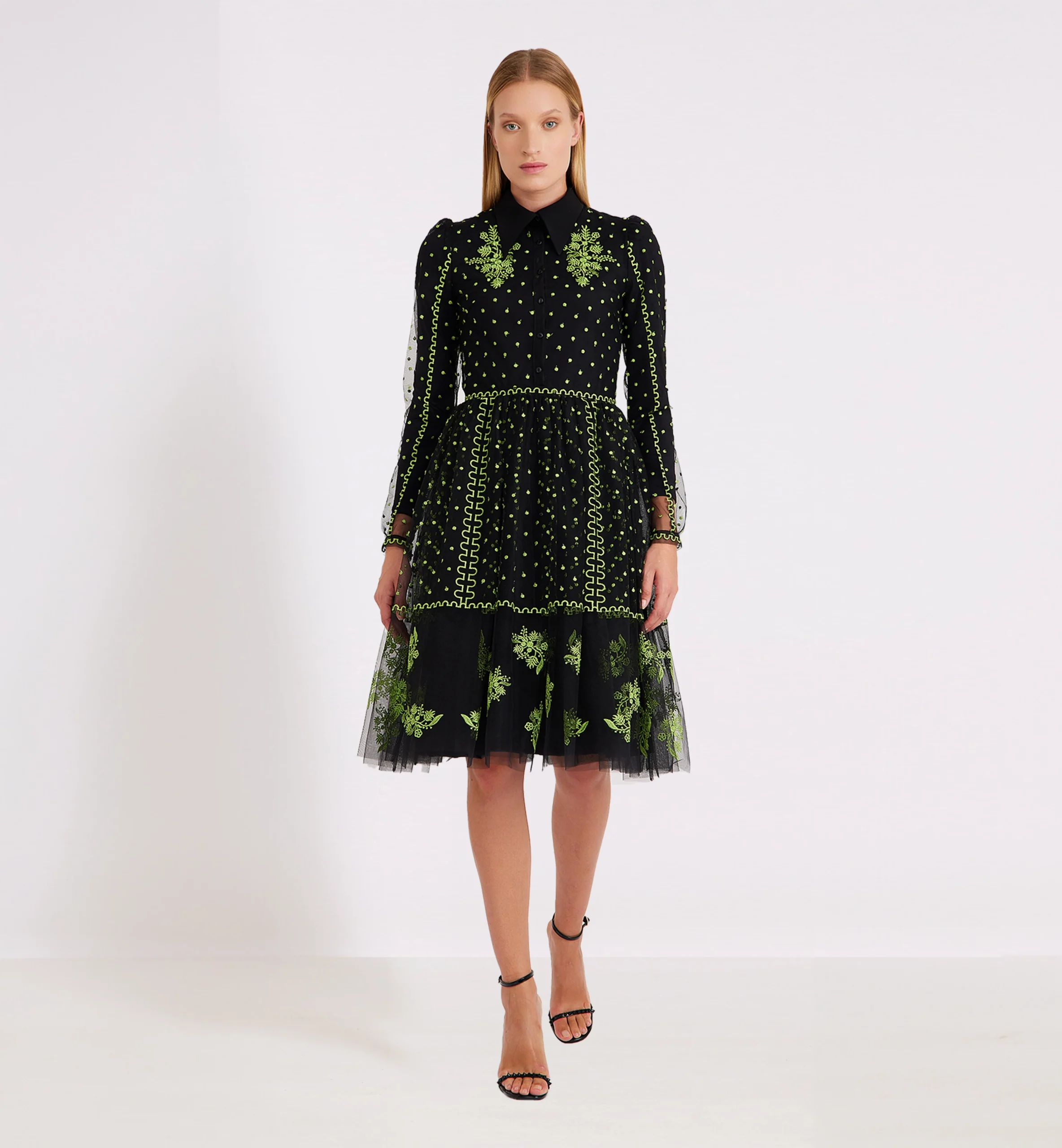 Embroidered dots, flowers and lines on mesh collared dress, green