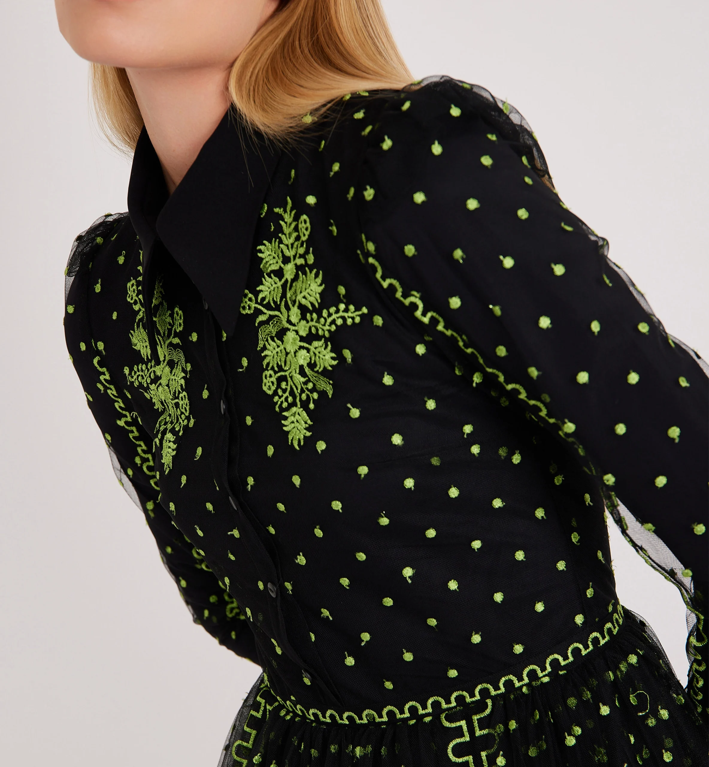Embroidered dots, flowers and lines on mesh collared dress, green