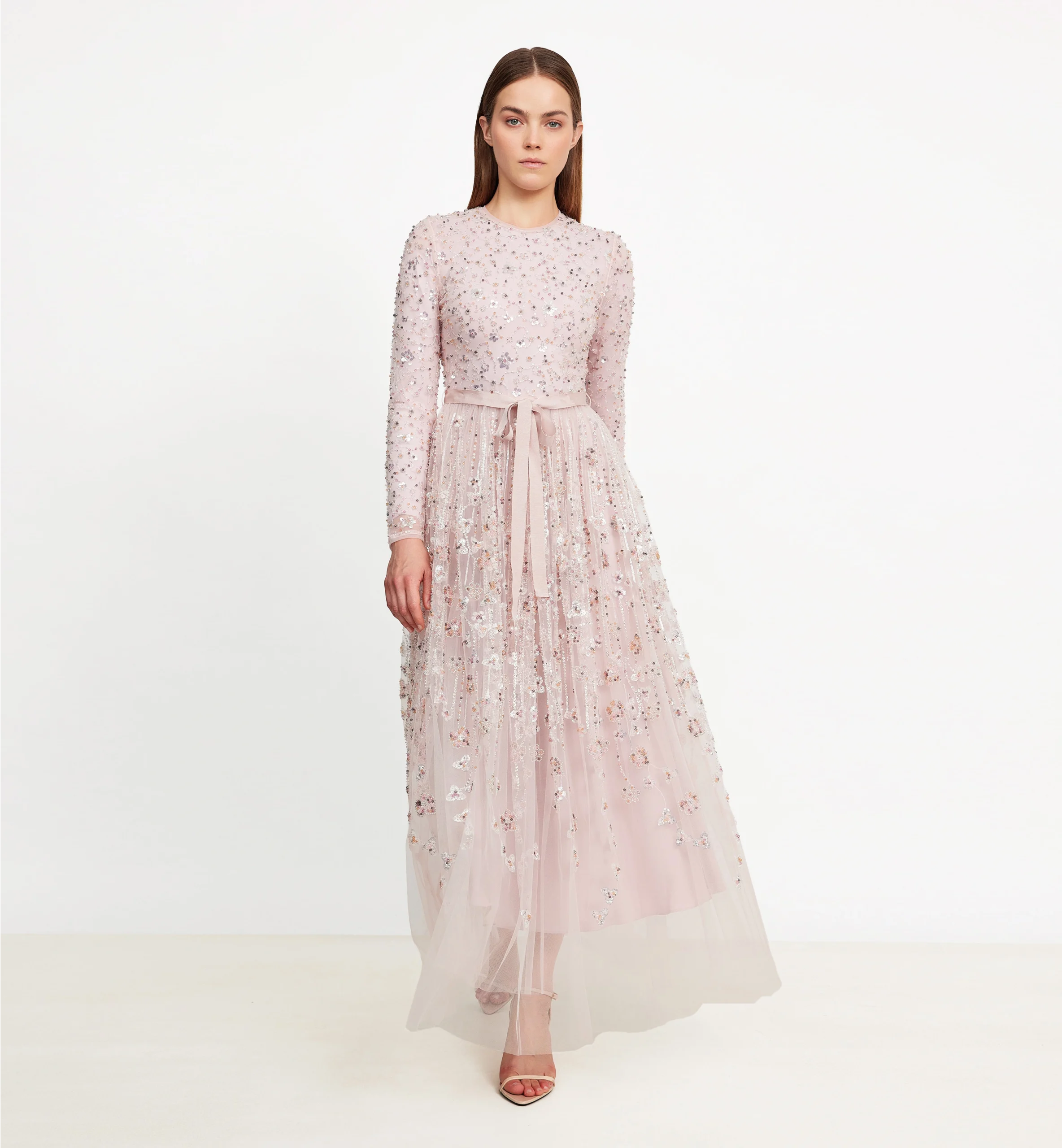 Floral beads enbroidery on mesh midi dress, pink