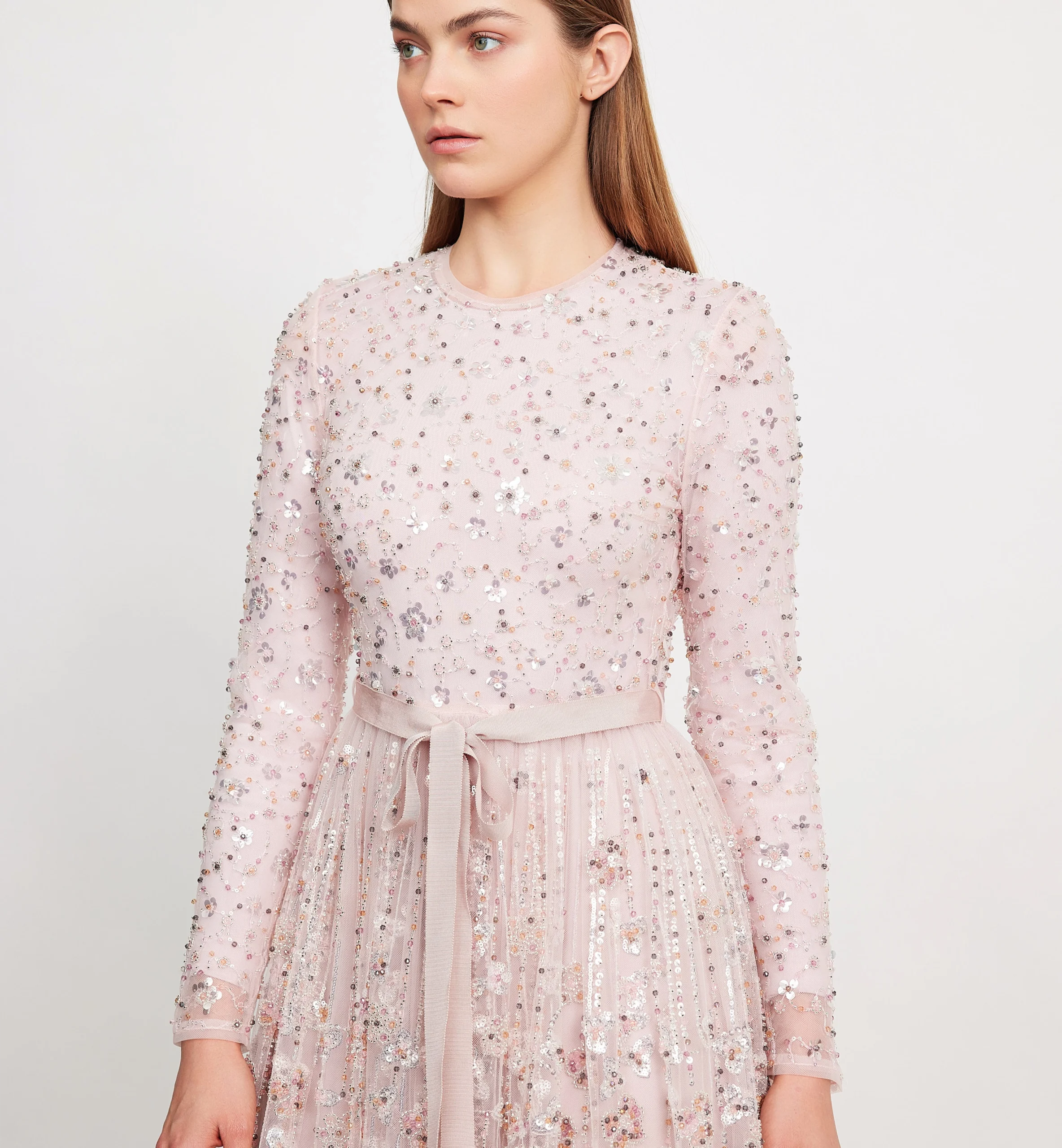 Floral beads enbroidery on mesh midi dress, pink