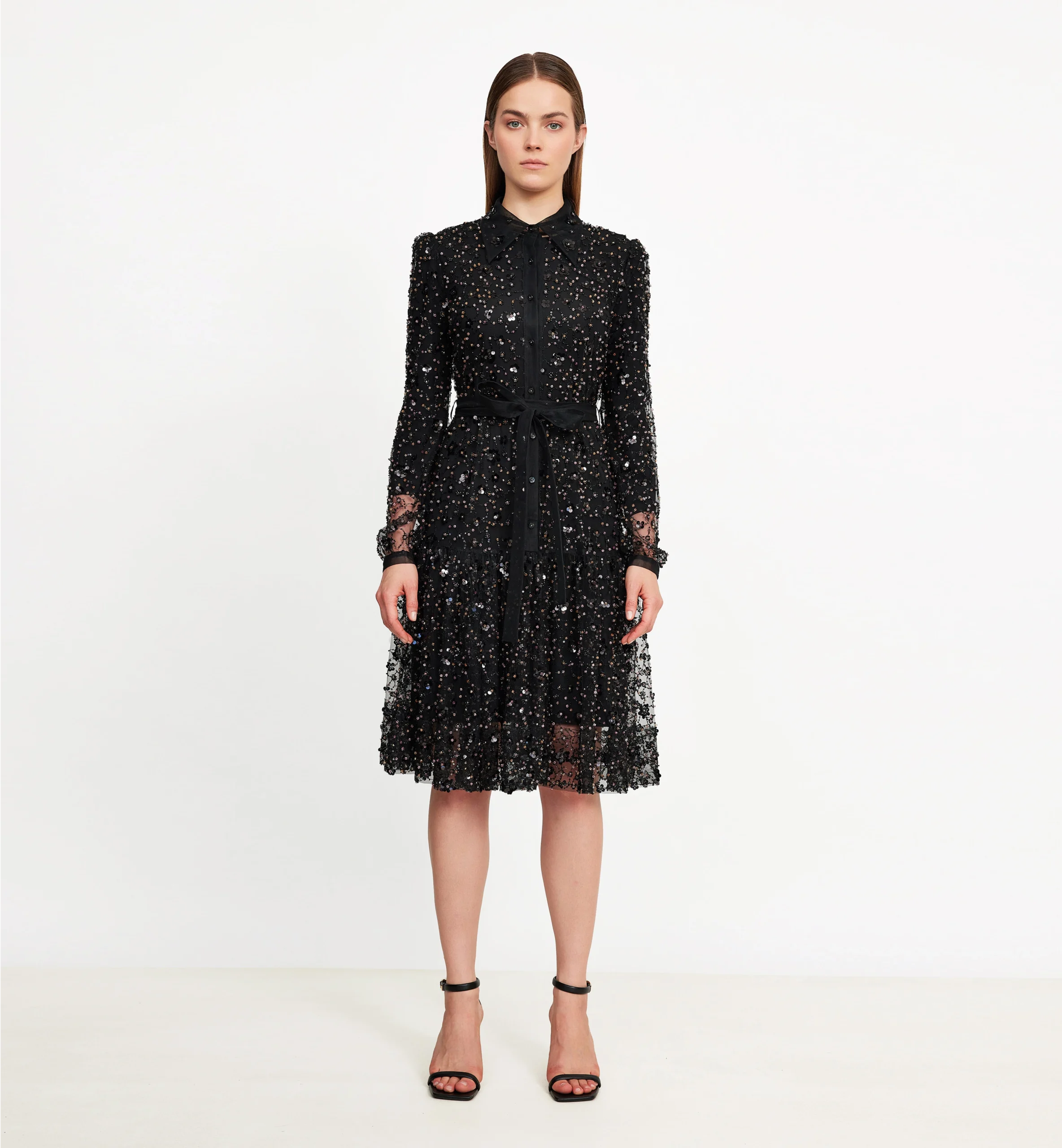 Beads and sequins mesh collared dress, black