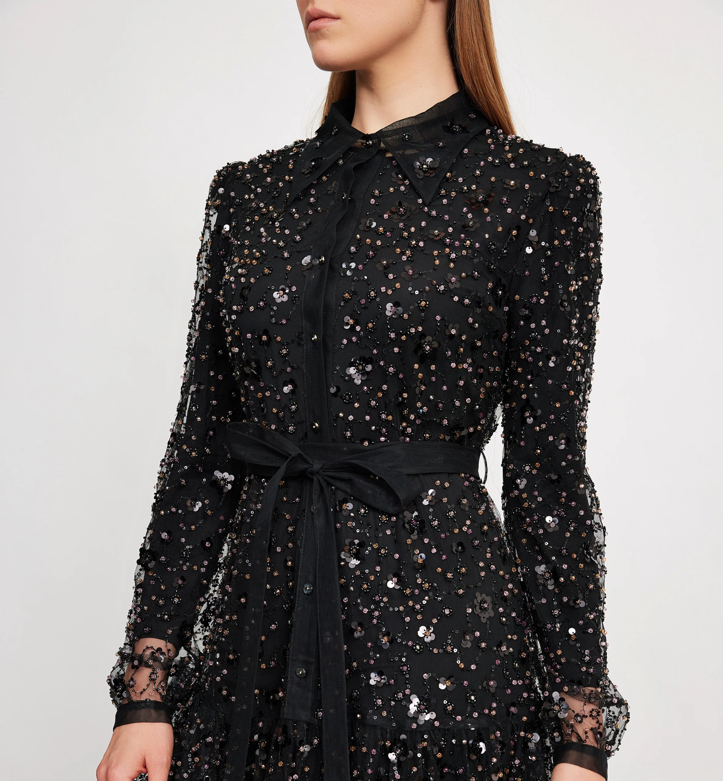 Beads and sequins mesh collared dress, black