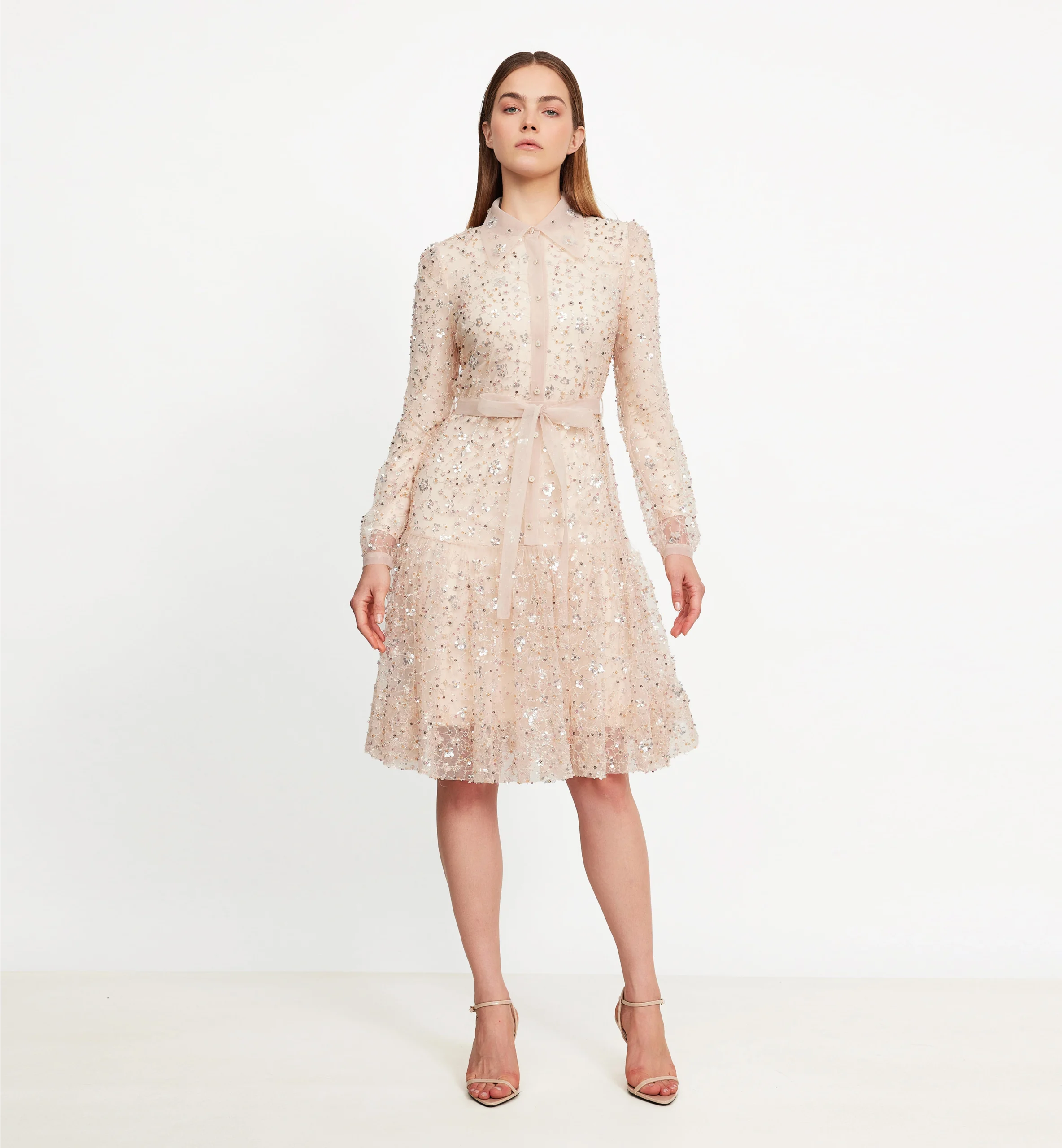 Beads and sequins mesh collared dress, biege