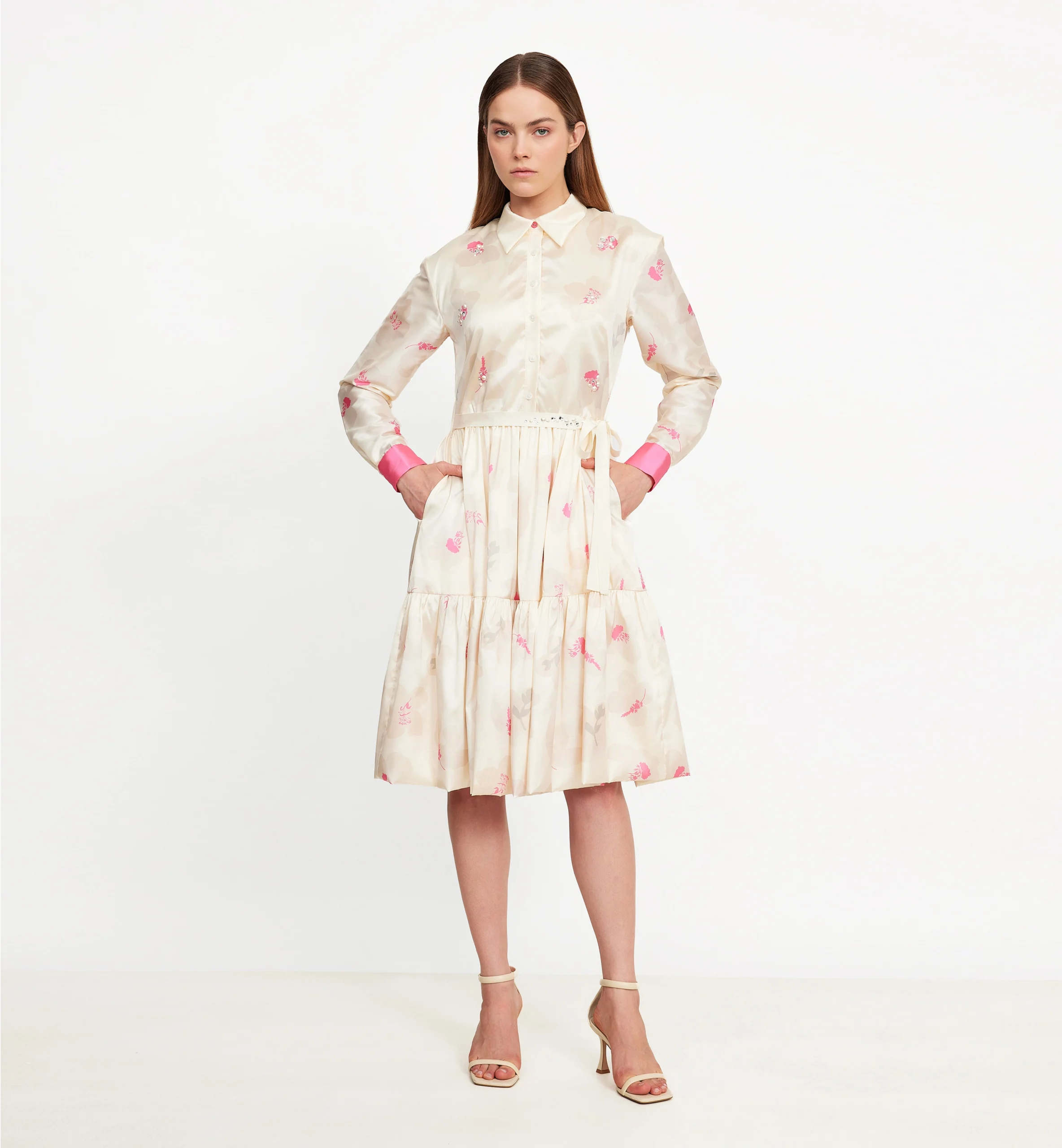 Biege printed taffeta with pearls and diamonds dress, pink