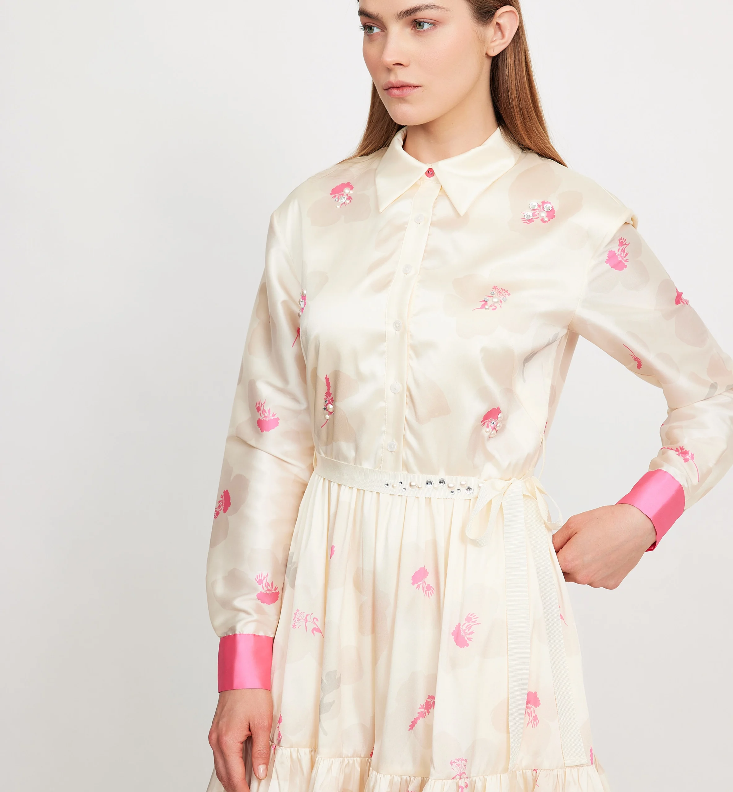 Biege printed taffeta with pearls and diamonds dress, pink