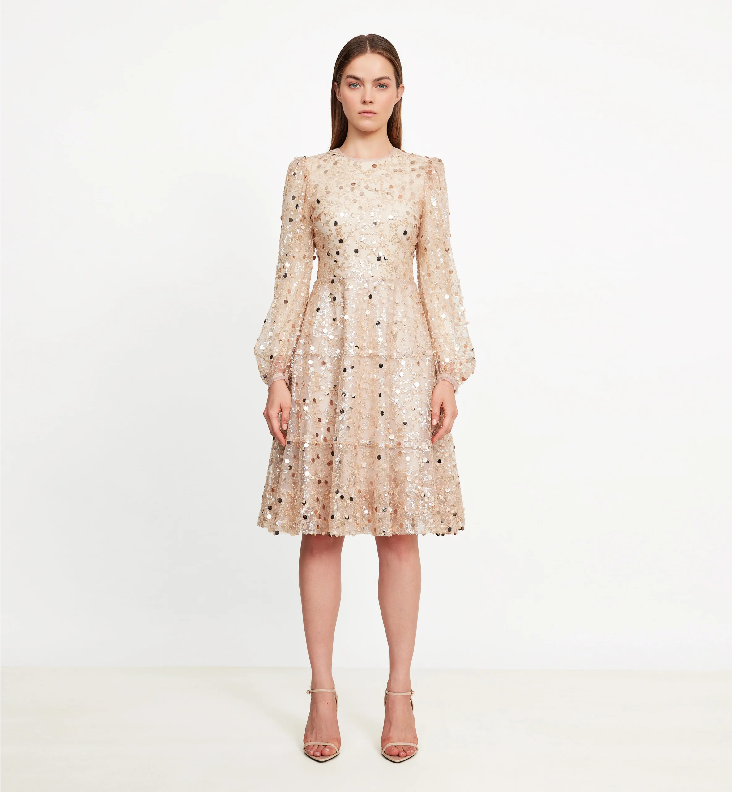 Fully sequins mesh dress, biege