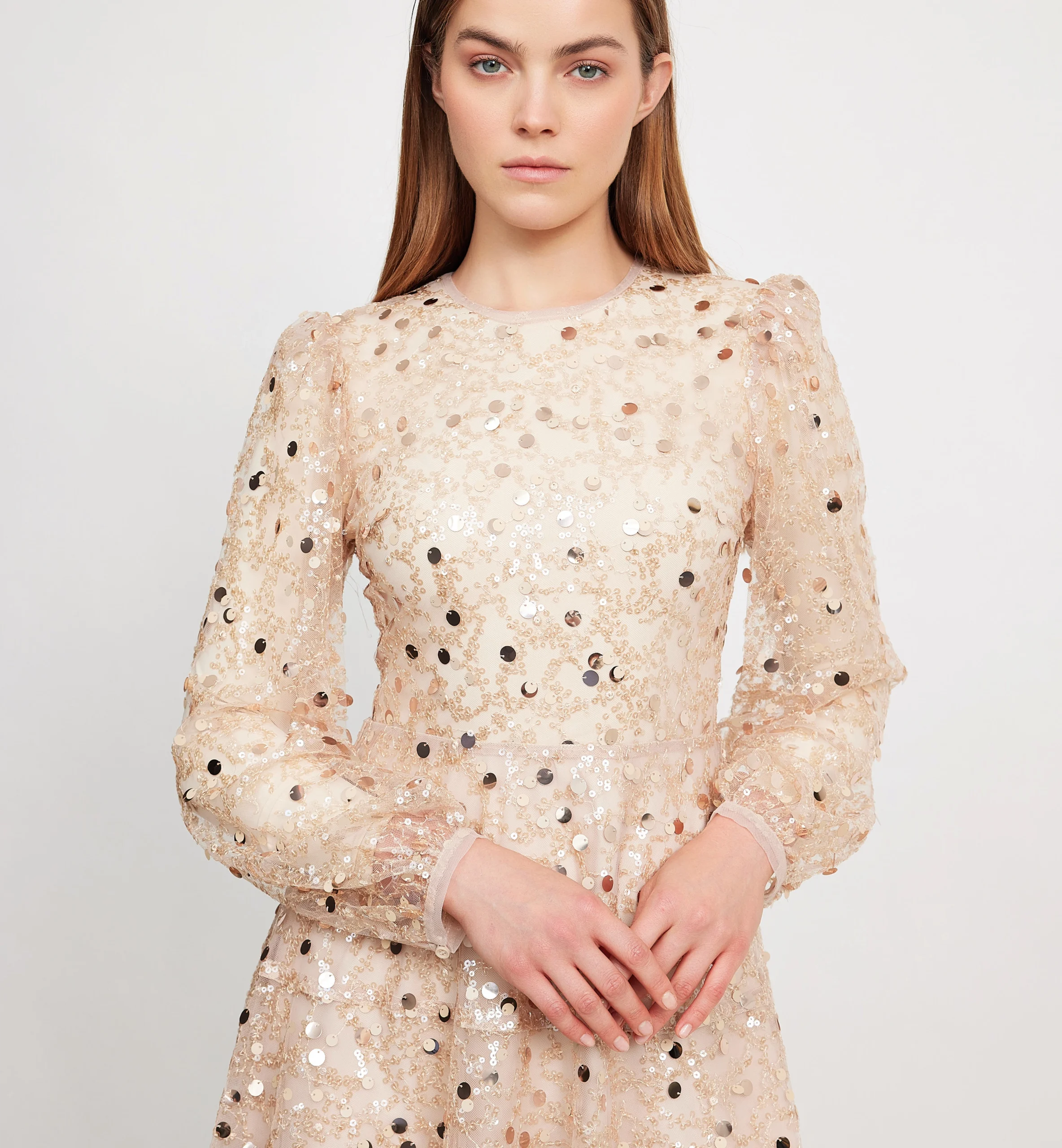 Fully sequins mesh dress, biege