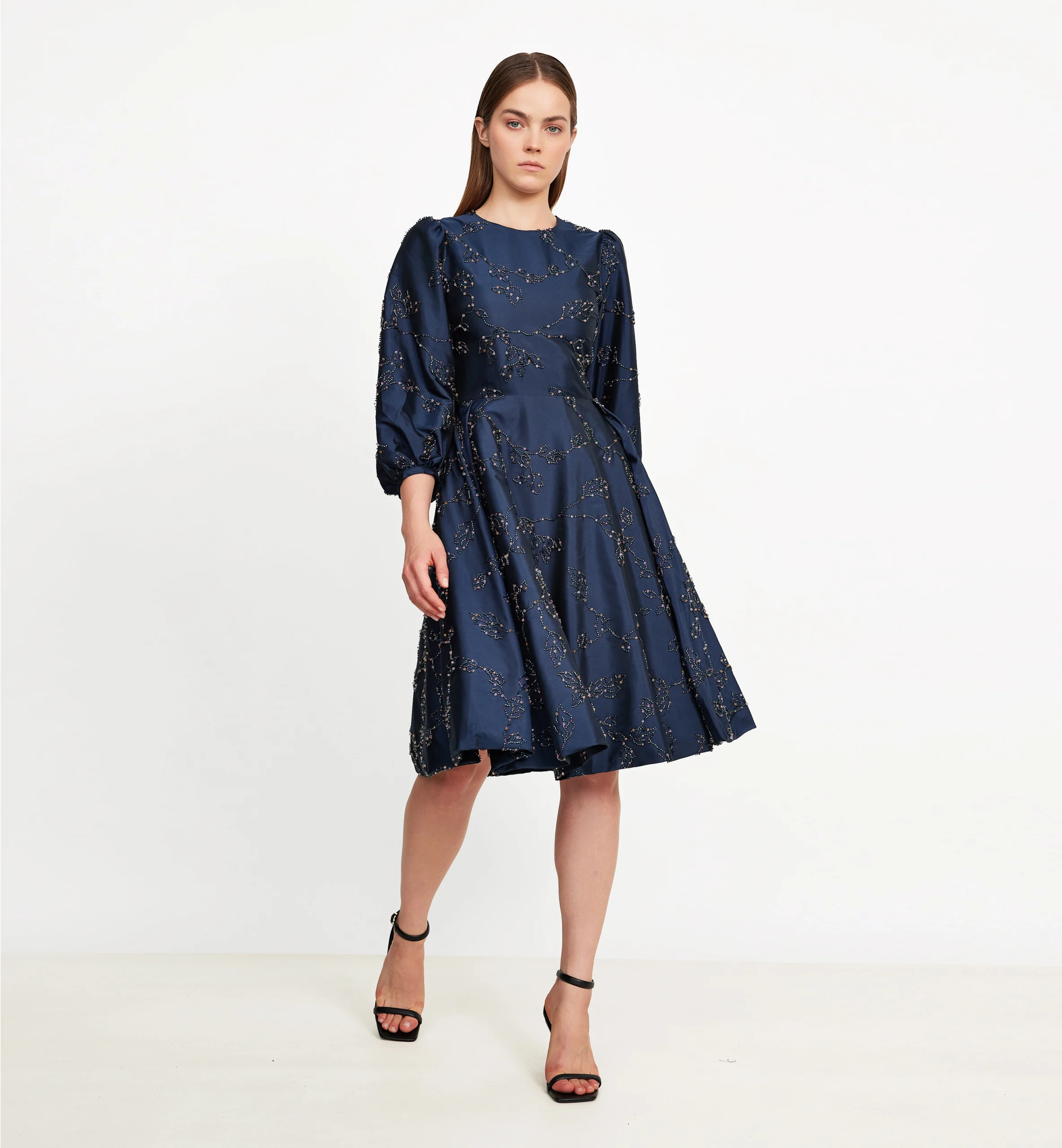 Beads embroidery taffeta dress, blue