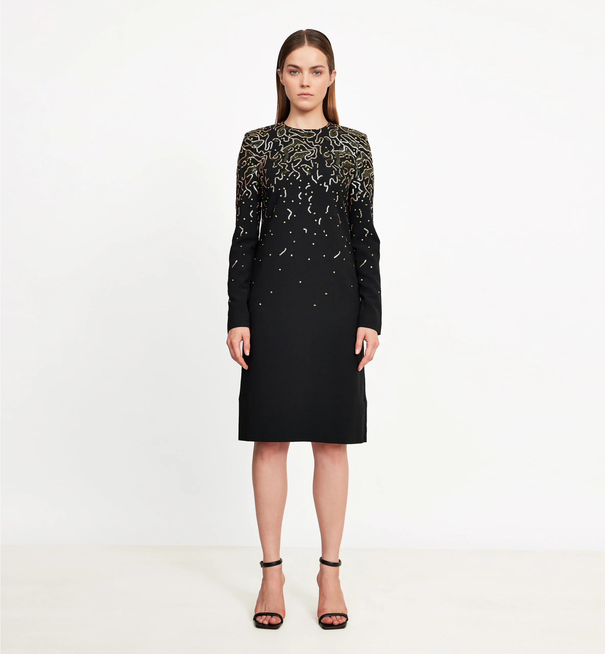 Straight Knit Dress with Sequin Embroidery, Black