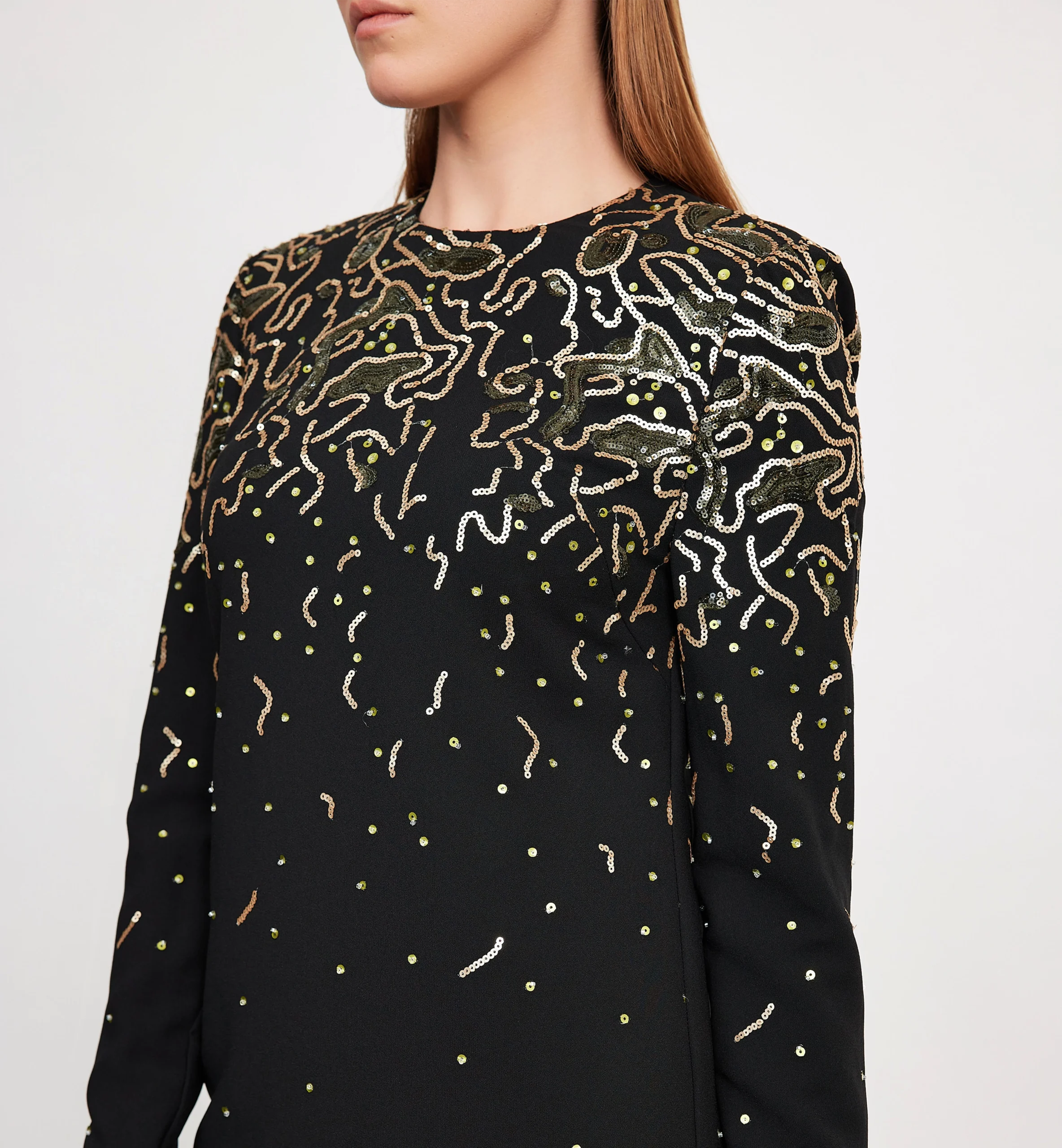 Straight Knit Dress with Sequin Embroidery, Black