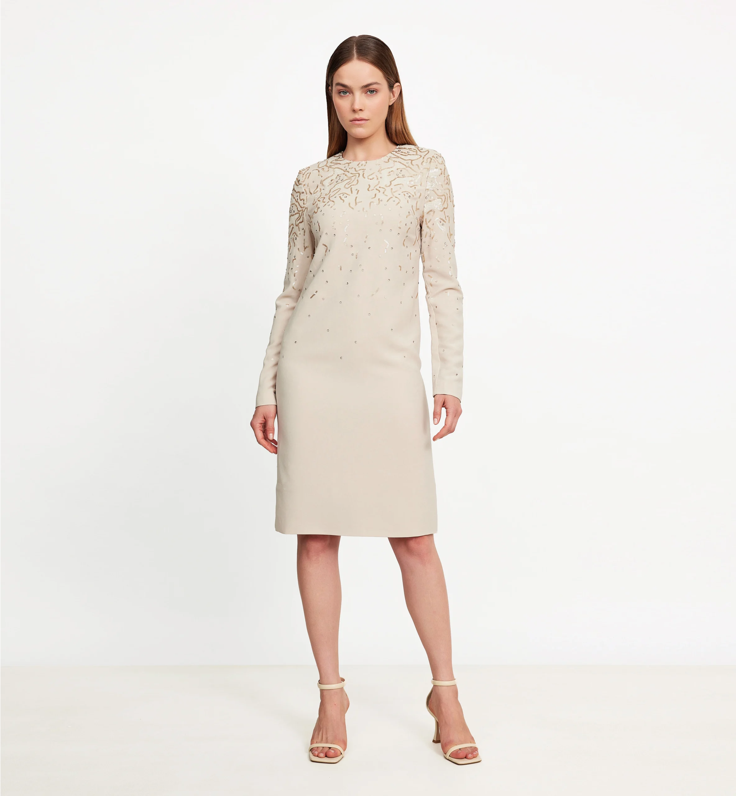 Straight Knit Dress with Sequin Embroidery, Beige