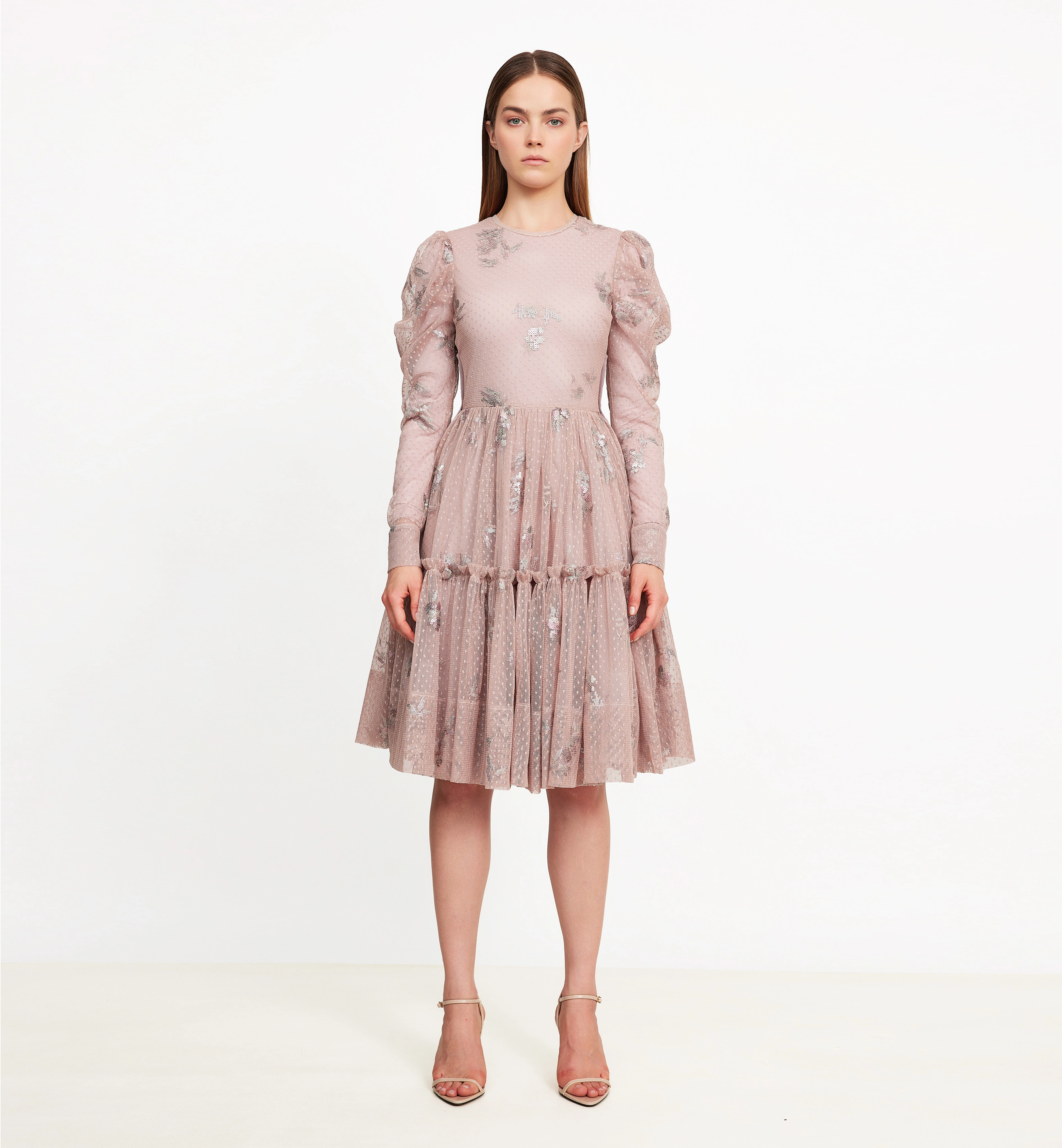 Tulle Dress with Dots and Pink Silver Sequin Embroidery, Pink