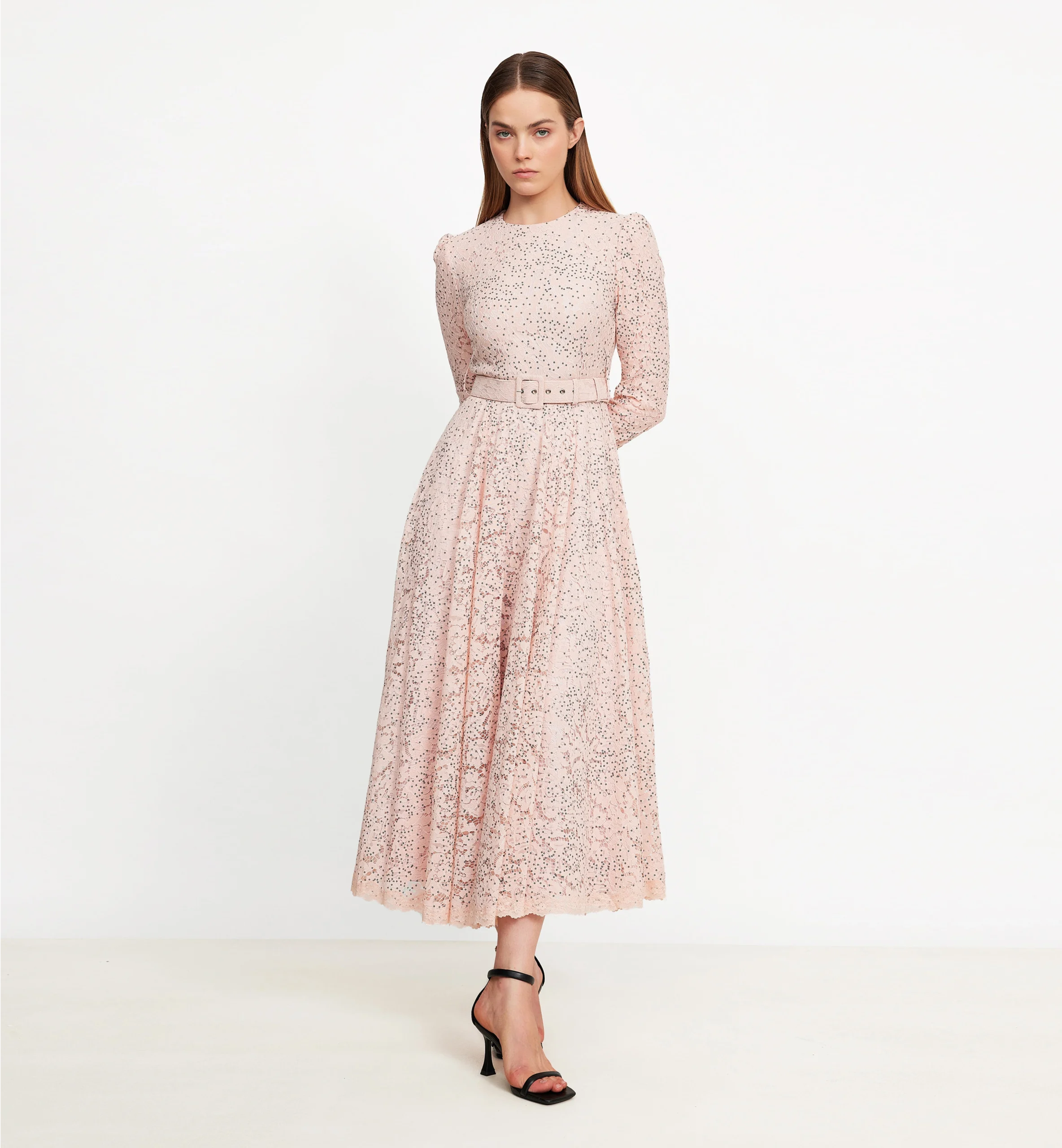 Lace with black sequins midi dress, pink