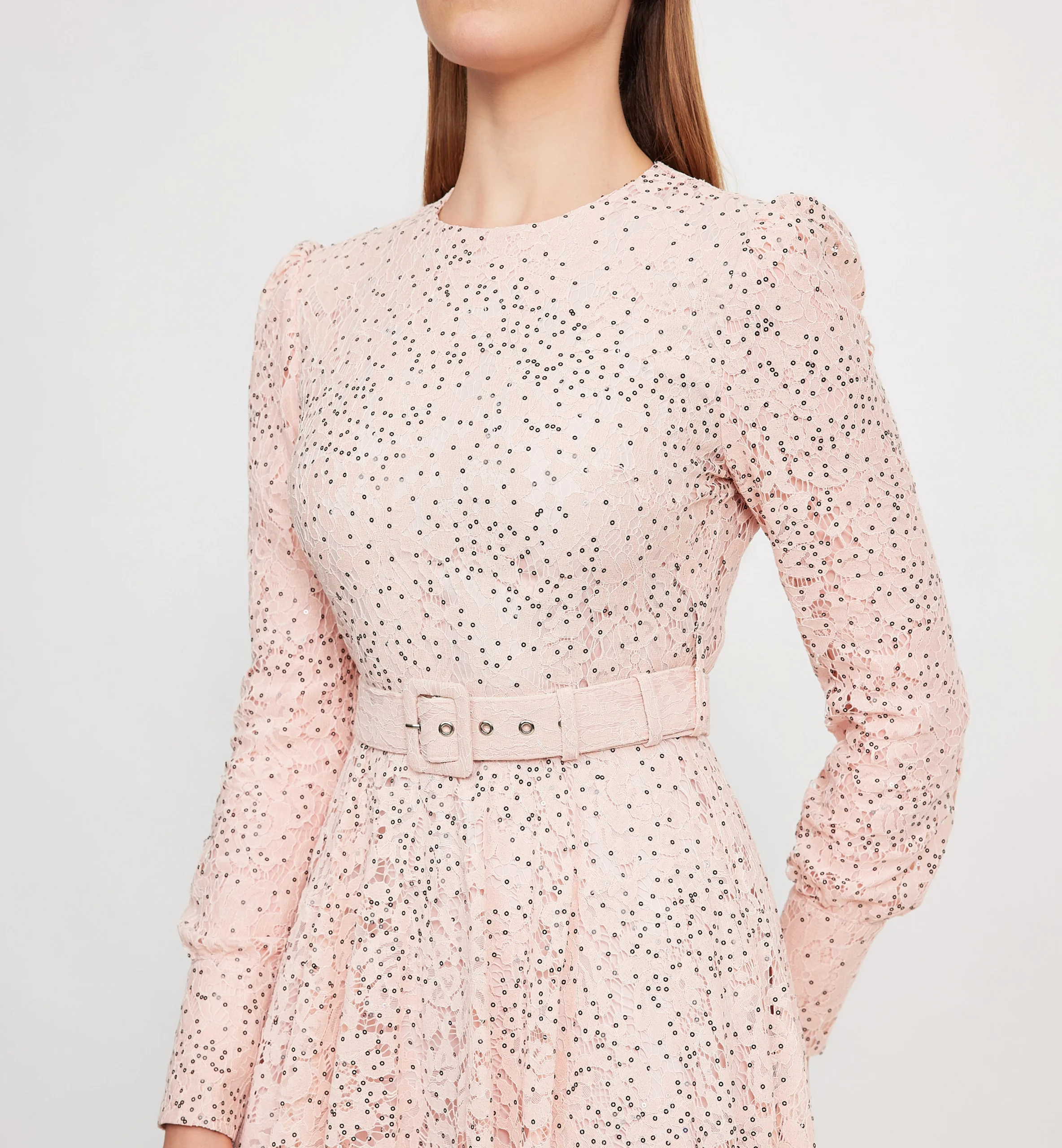 Lace with black sequins midi dress, pink