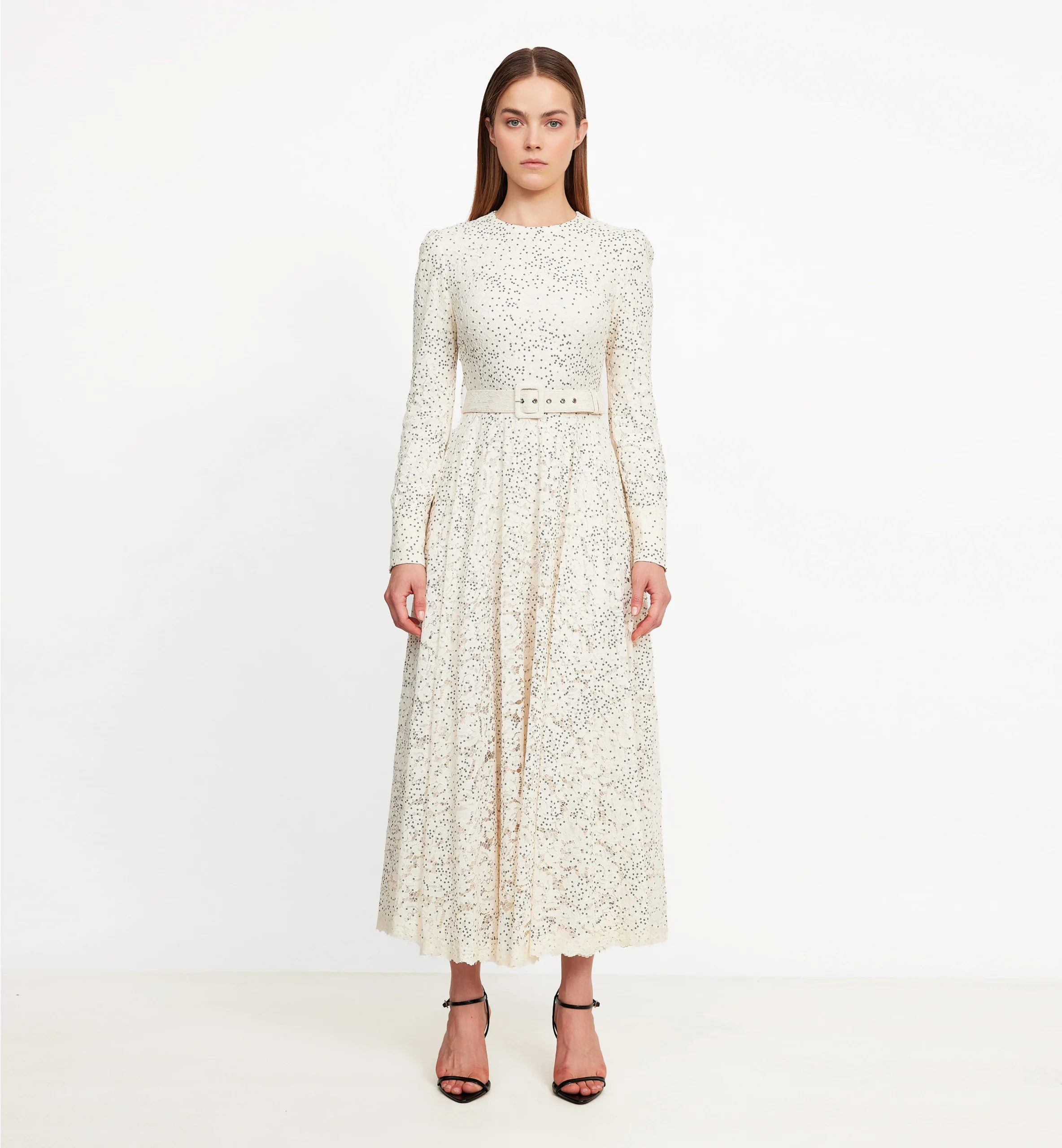 Lace with black sequins midi dress, biege