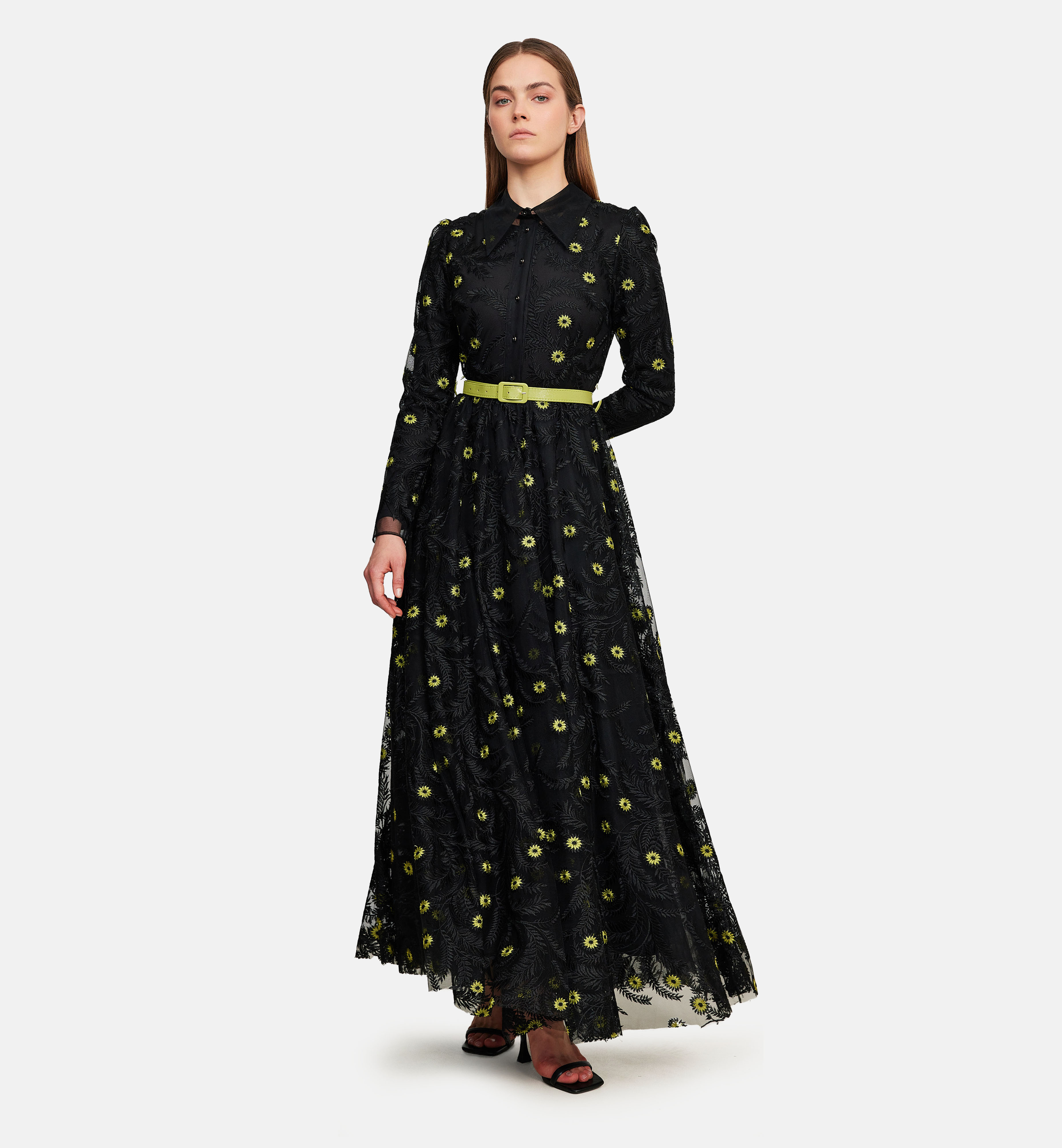 Green embroidery floral mesh midi dress, black