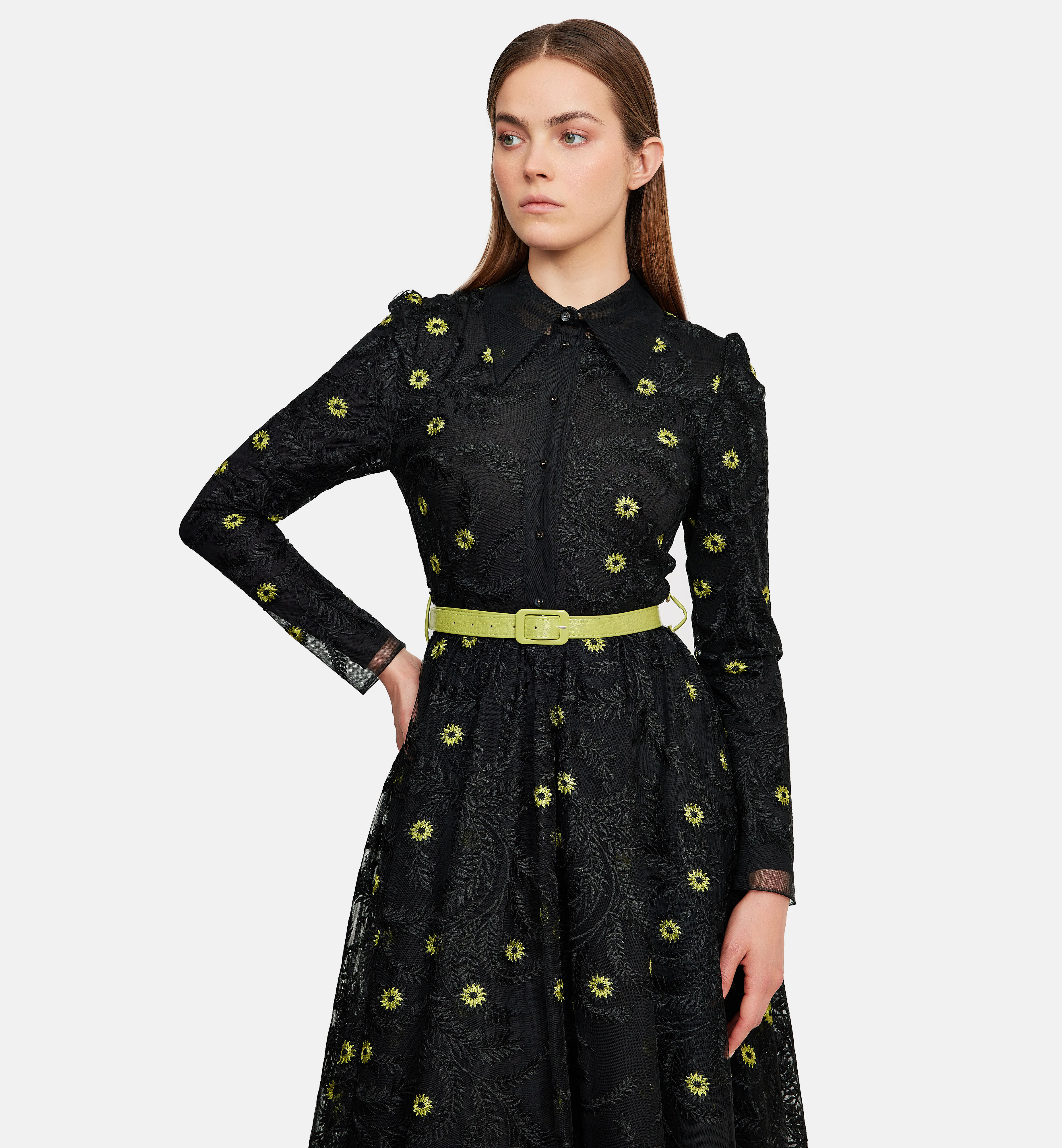 Green embroidery floral mesh midi dress, black