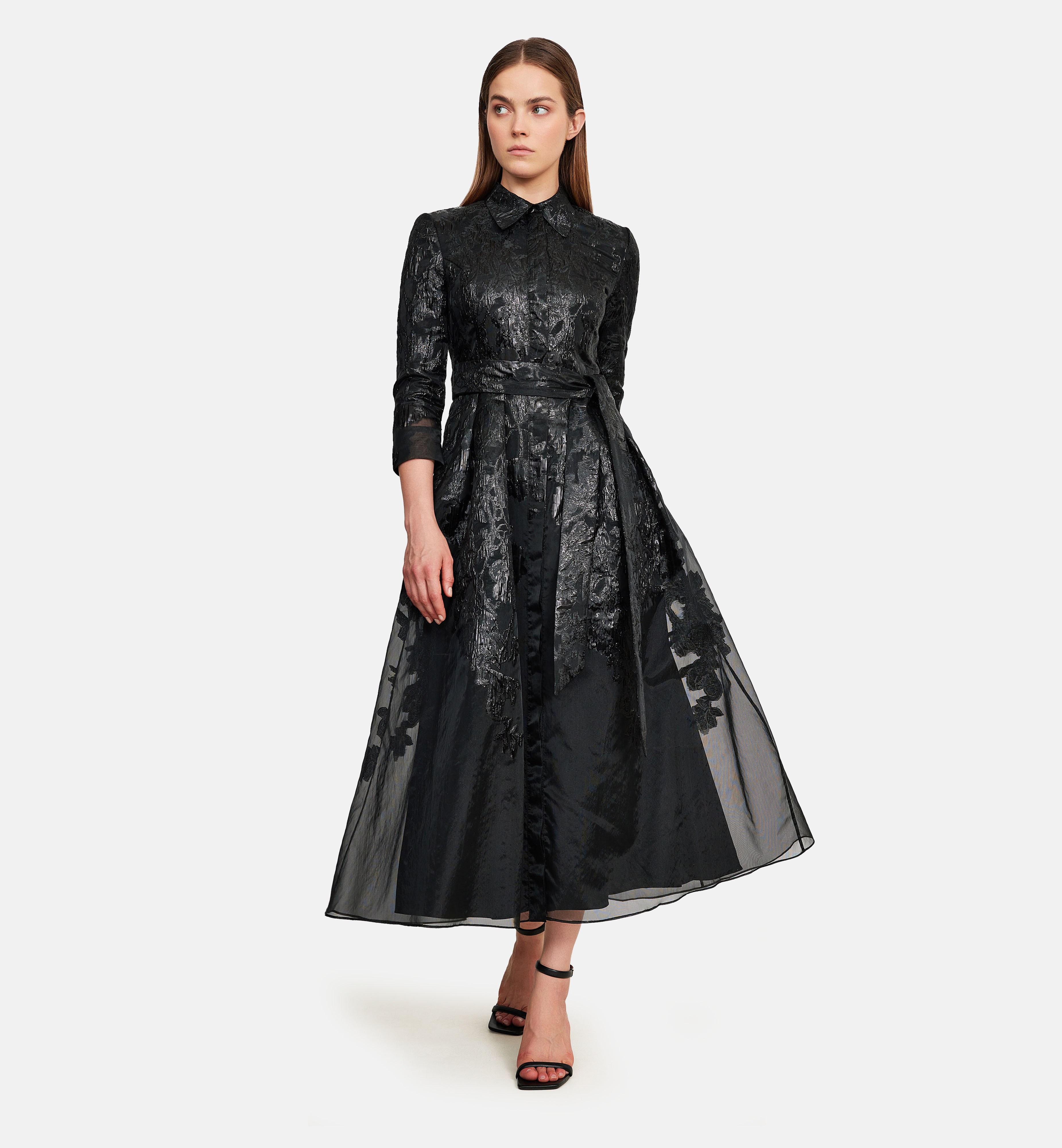 Mid-length Buttoned Organza Dress, Black