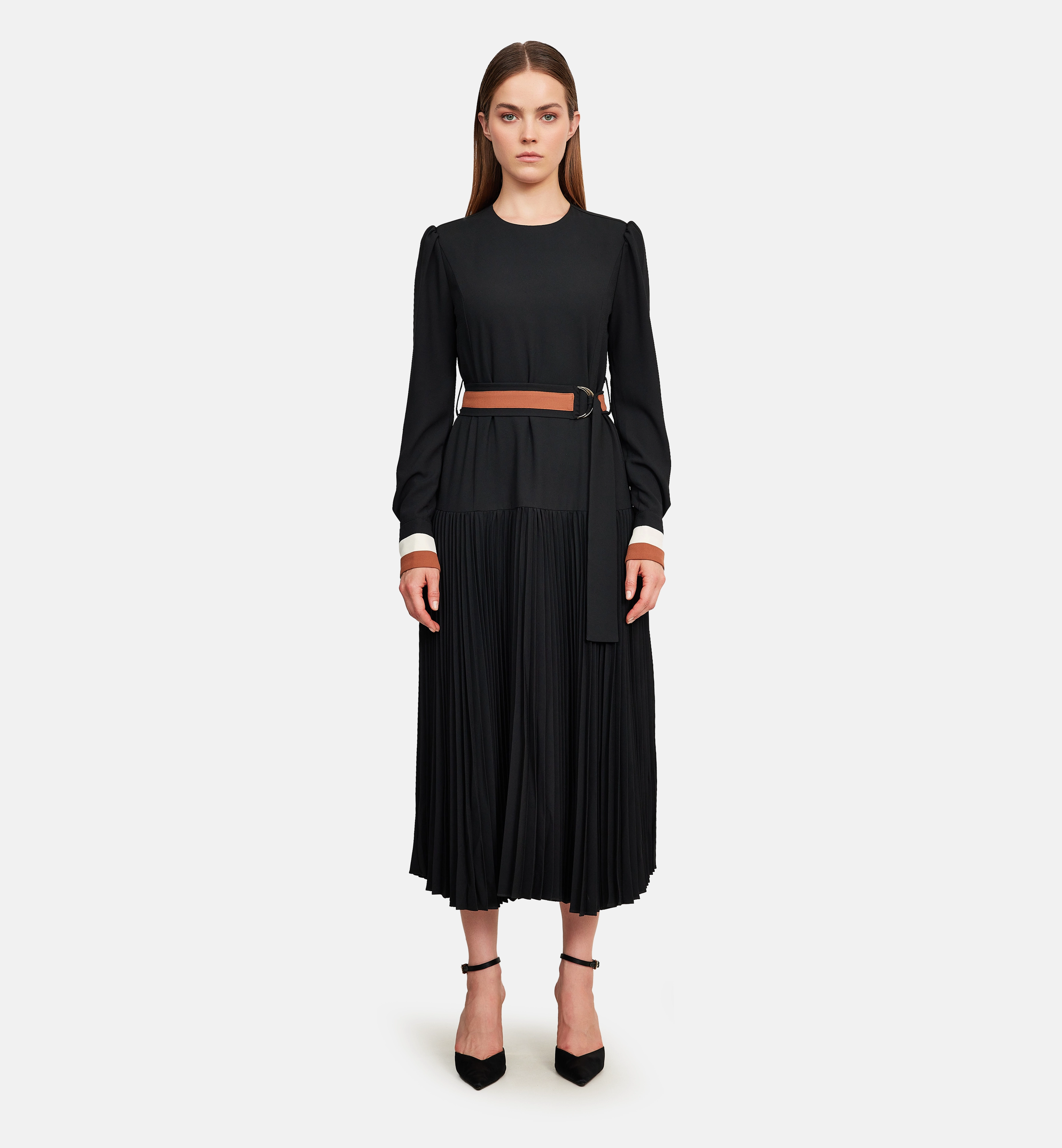 Fleece and striped cuffs midi dress, black