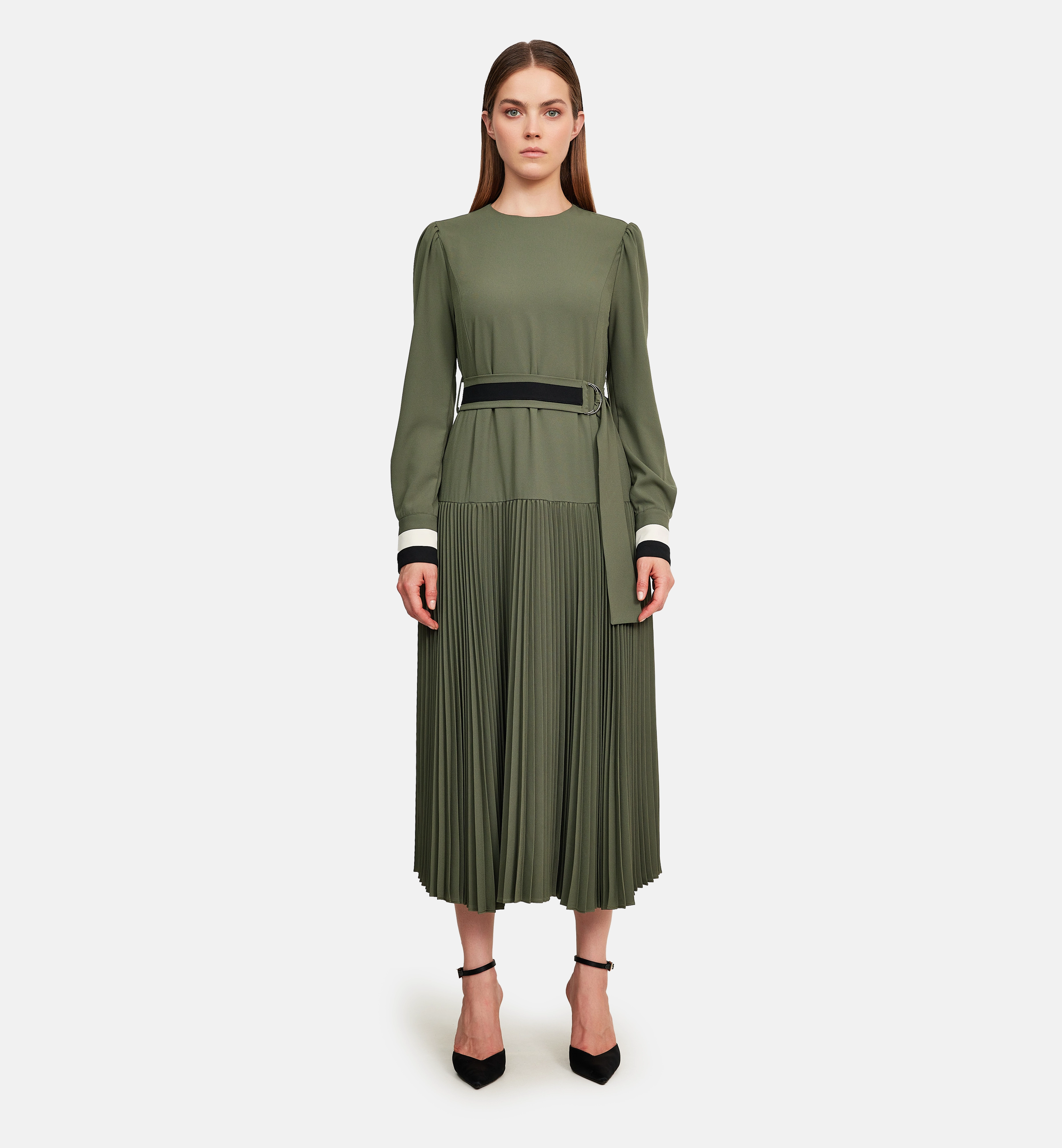 Fleece and striped cuffs midi dress, green