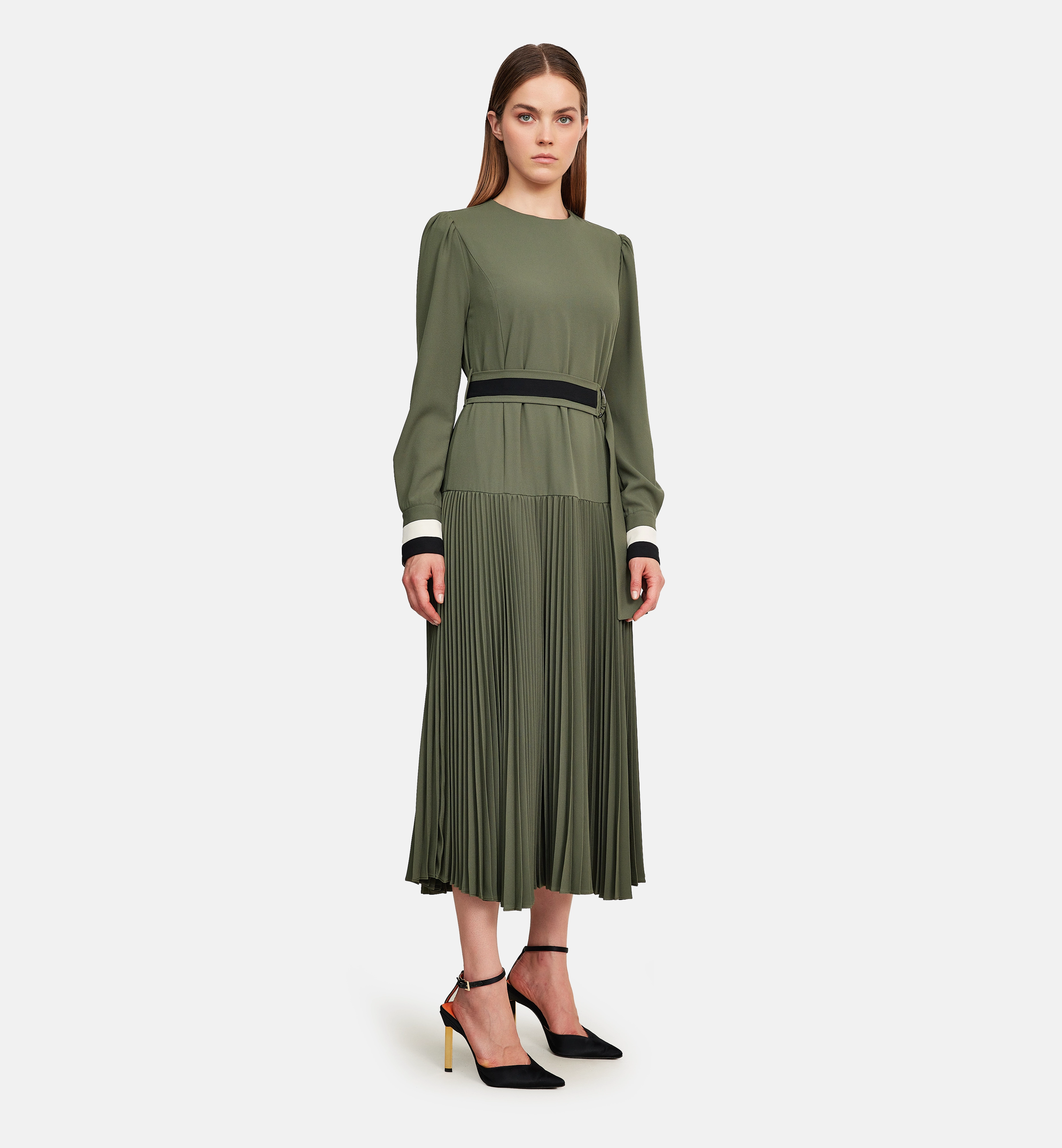 Fleece and striped cuffs midi dress, green