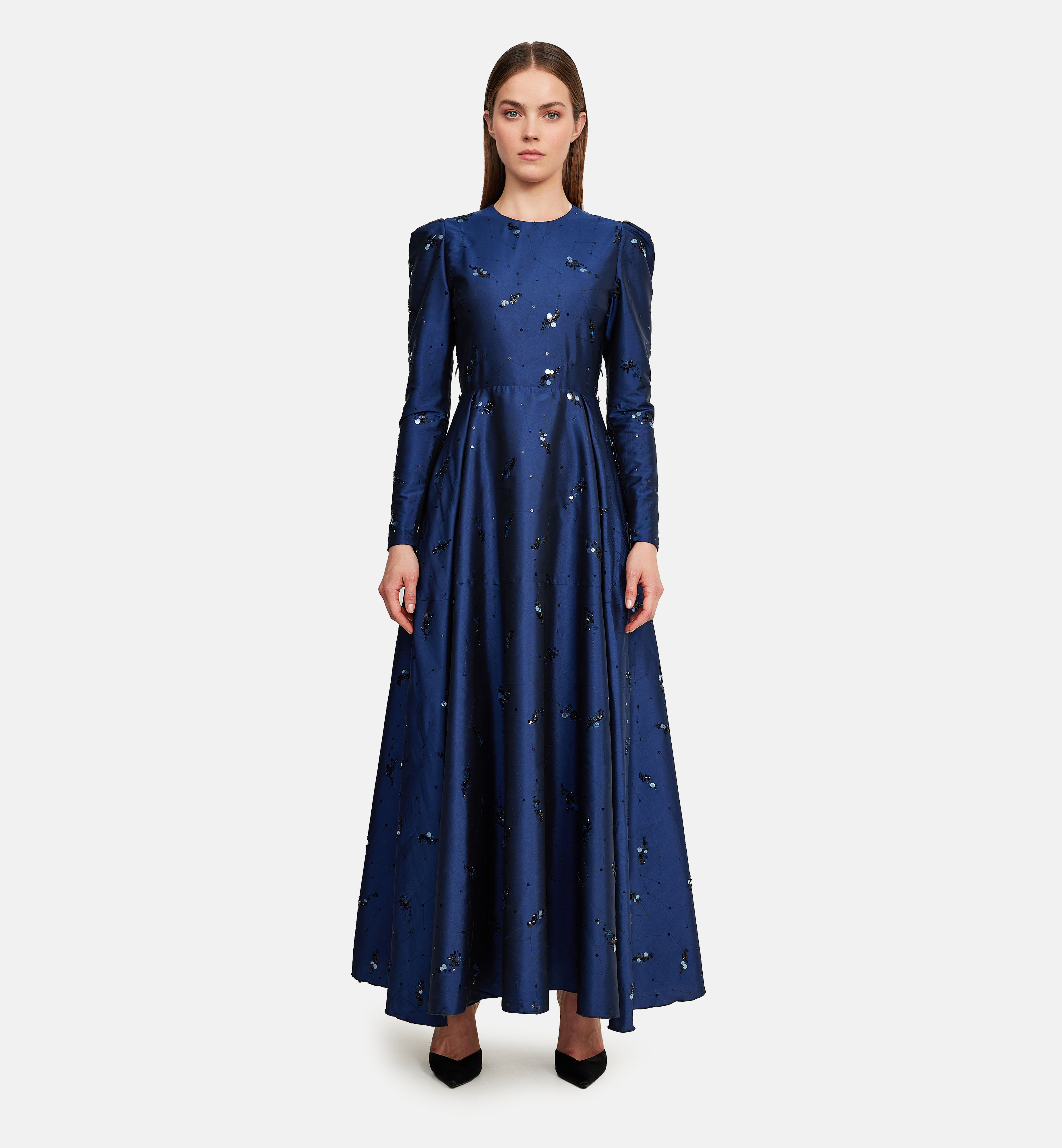 Seqiuns embroidery on taffeta midi dress, blue