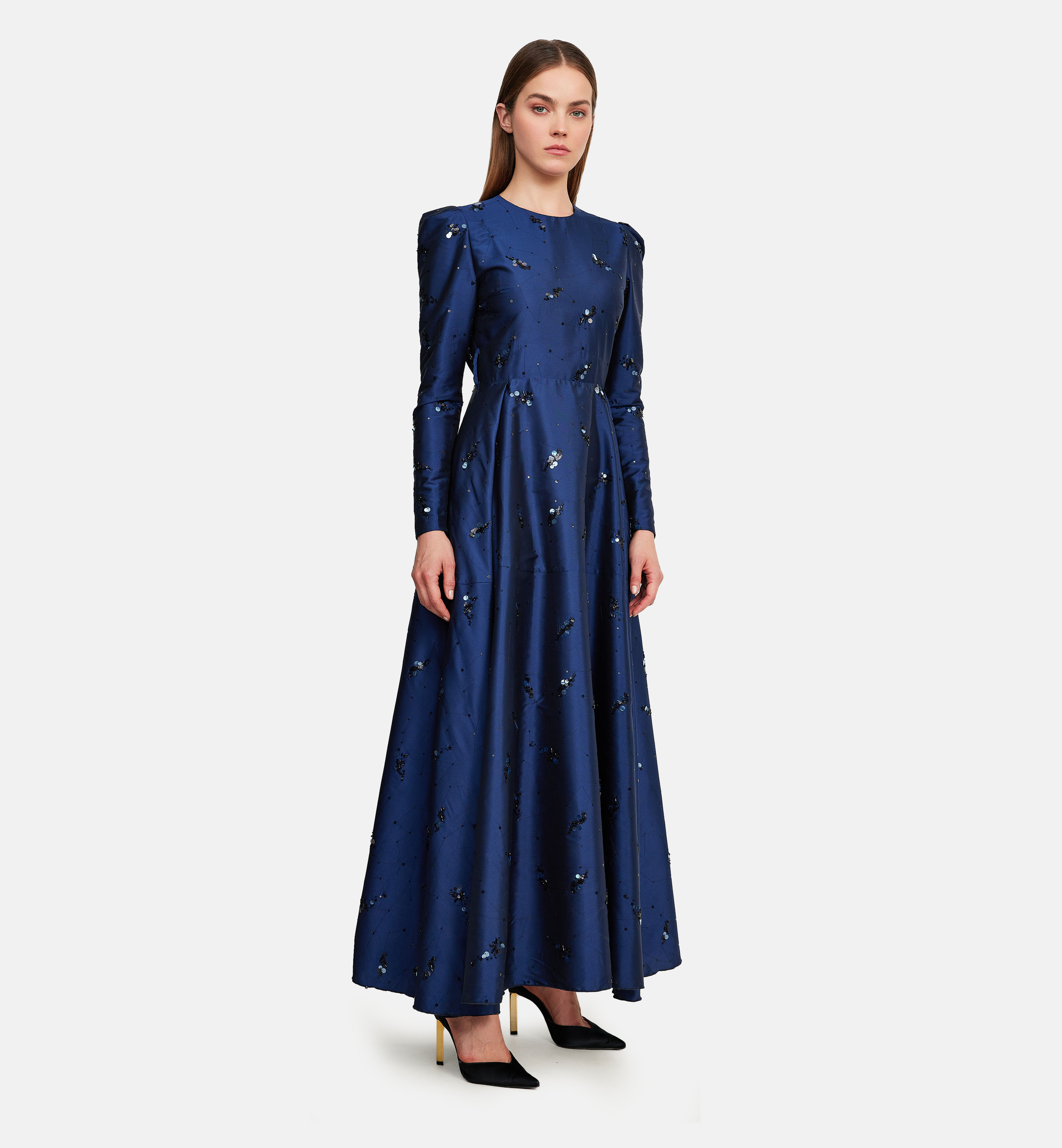 Seqiuns embroidery on taffeta midi dress, blue