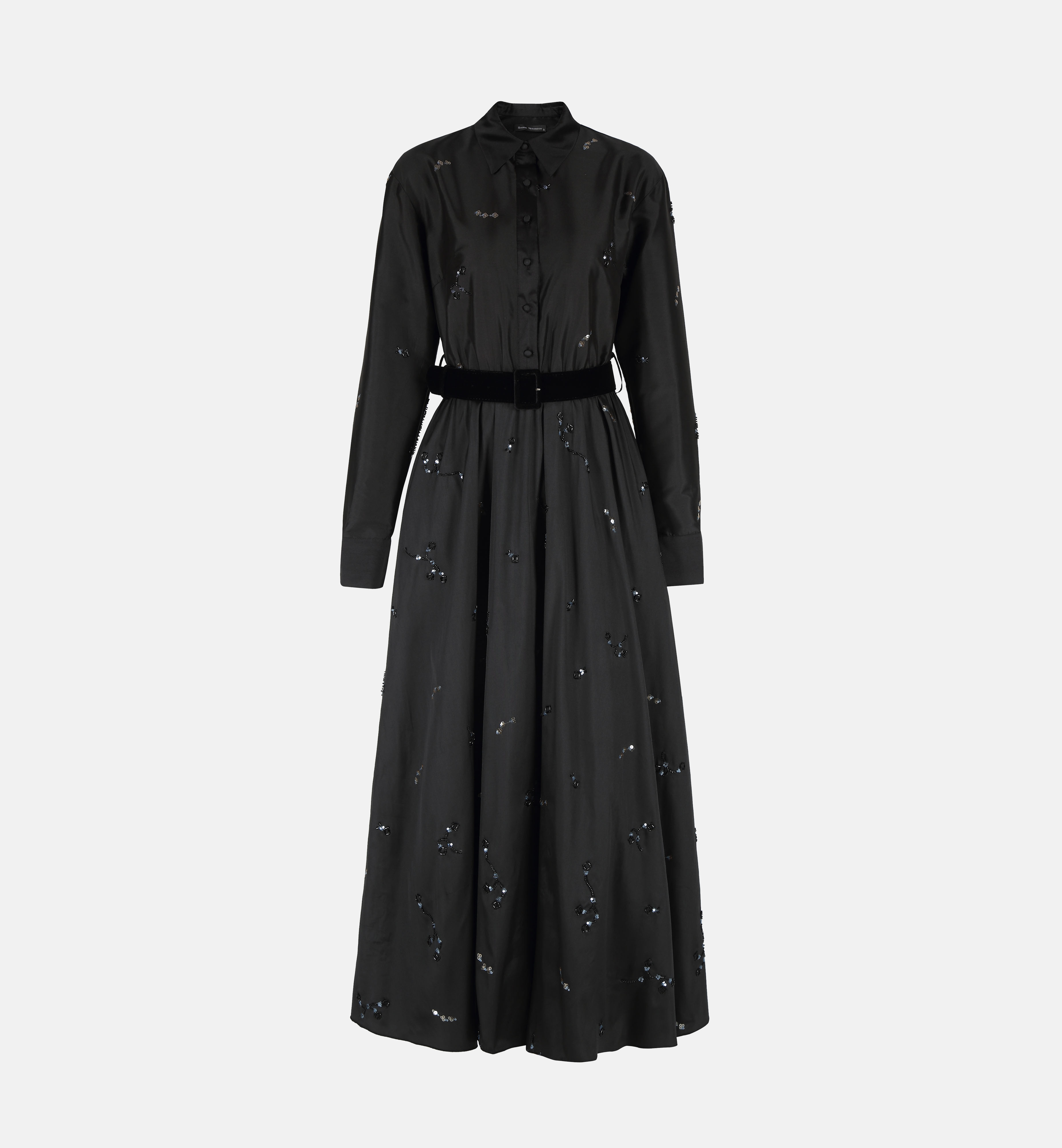 Collared embroidered taffeta midi dress, black