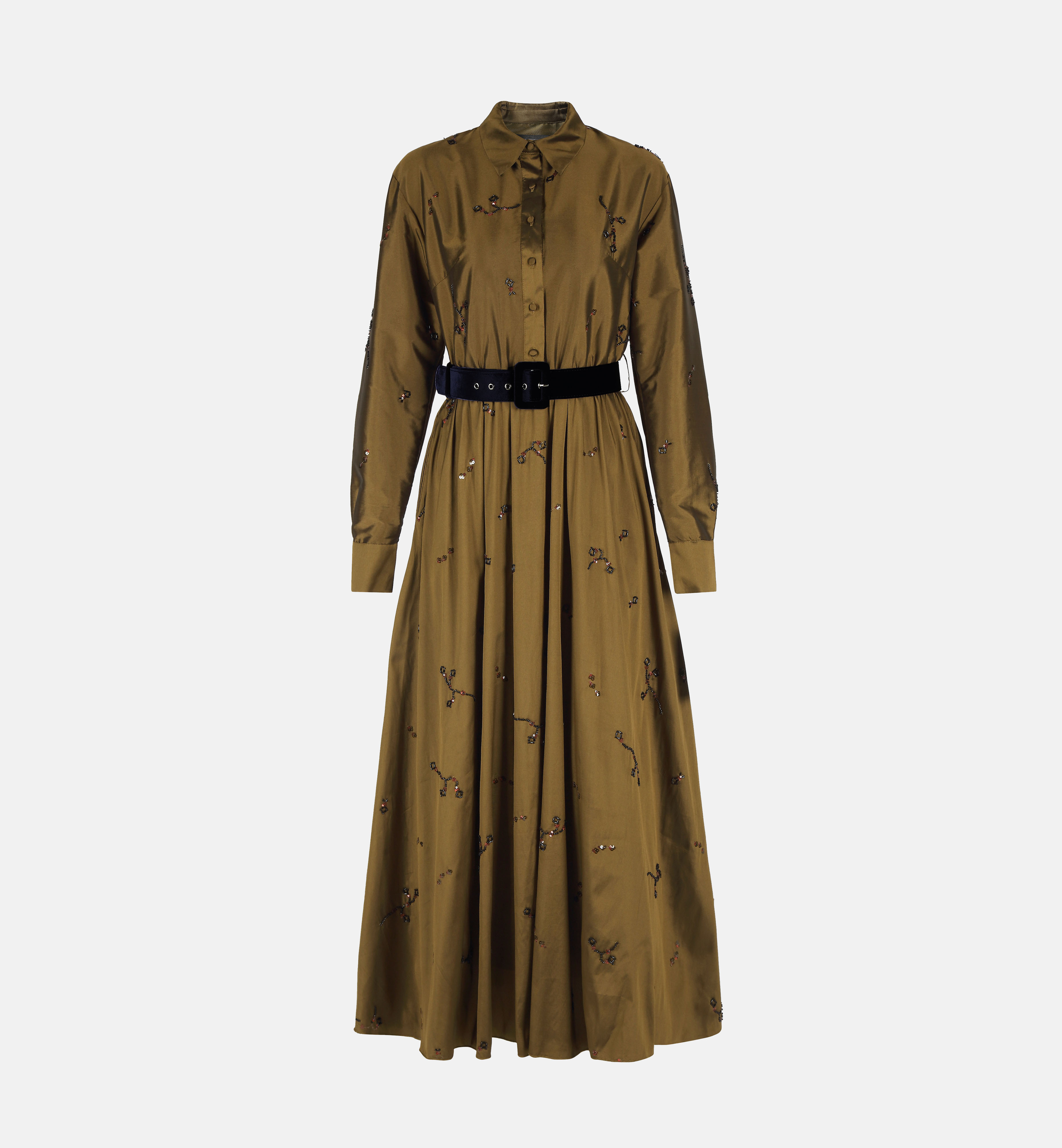 Collared embroidered taffeta midi dress, bronze