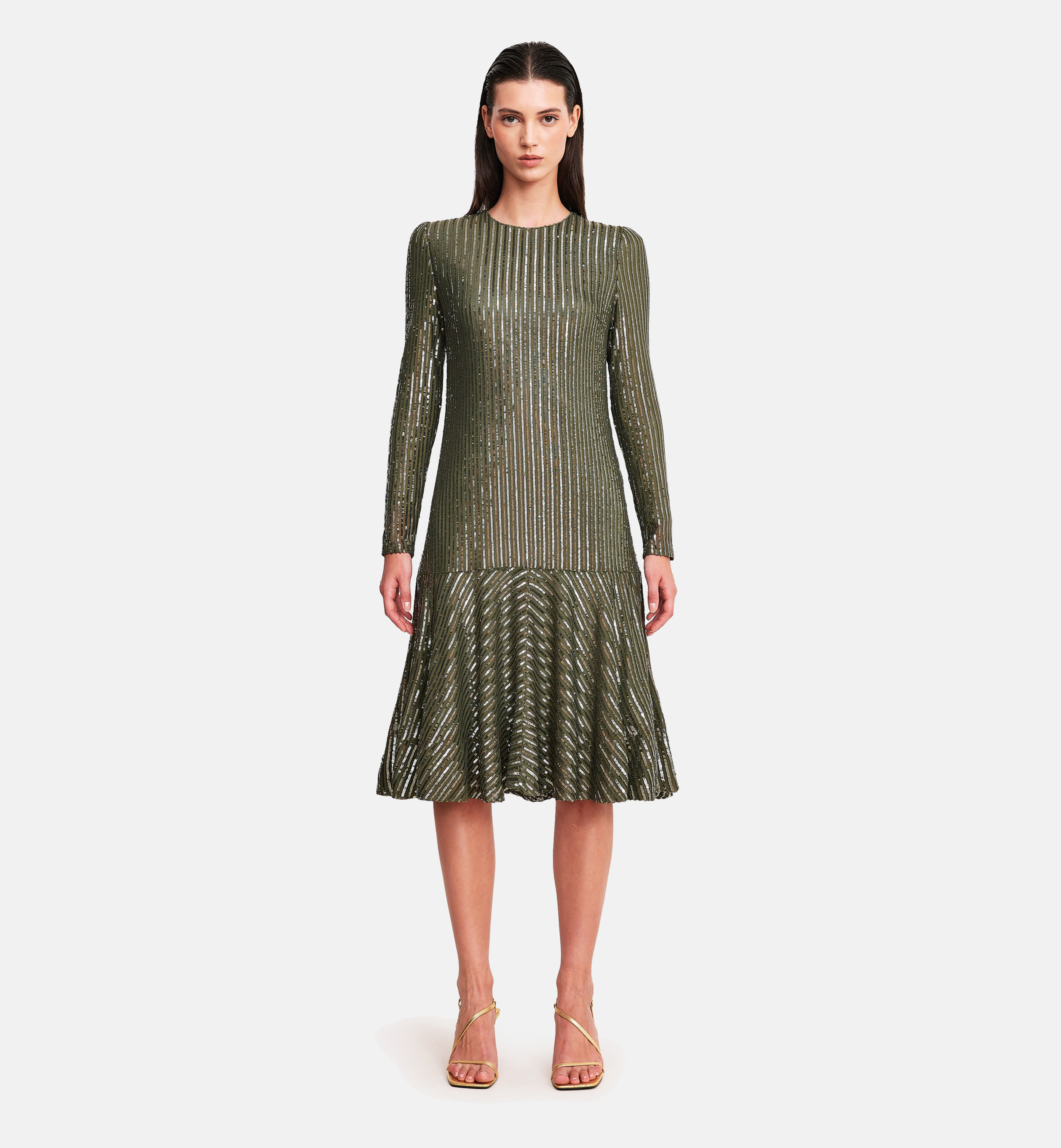 sequins lines low waist dress, olive